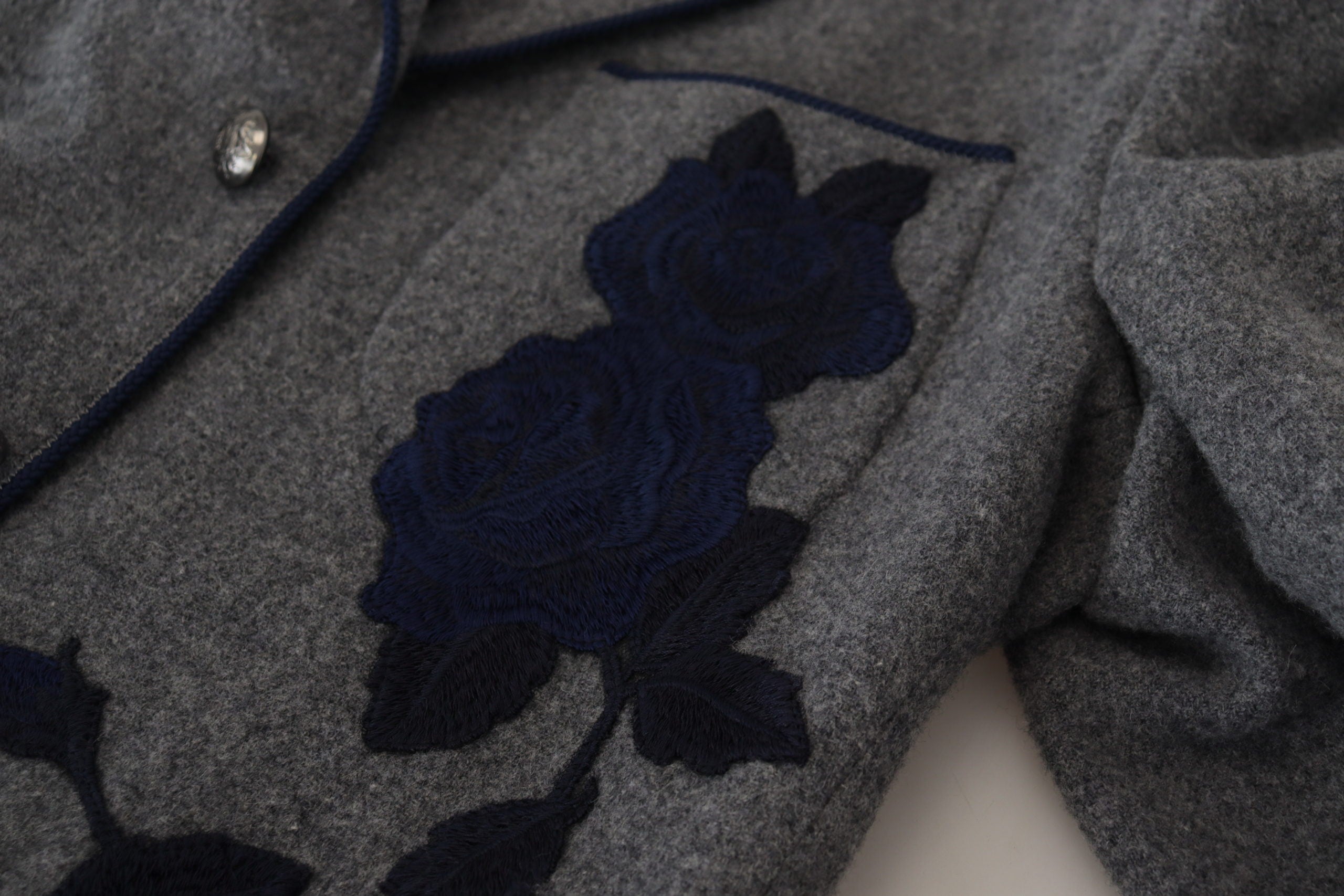 Dolce & Gabbana Elegant Gray Wool Blazer with Blue Rose Embroidery - ACCEXO