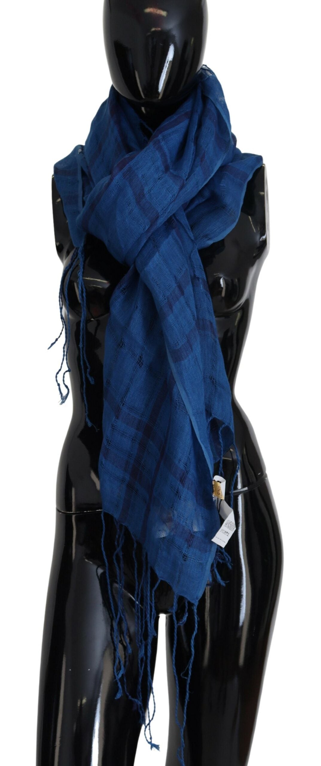 Costume National Chic Linen Fringed Scarf in Blue Checkered - ACCEXO