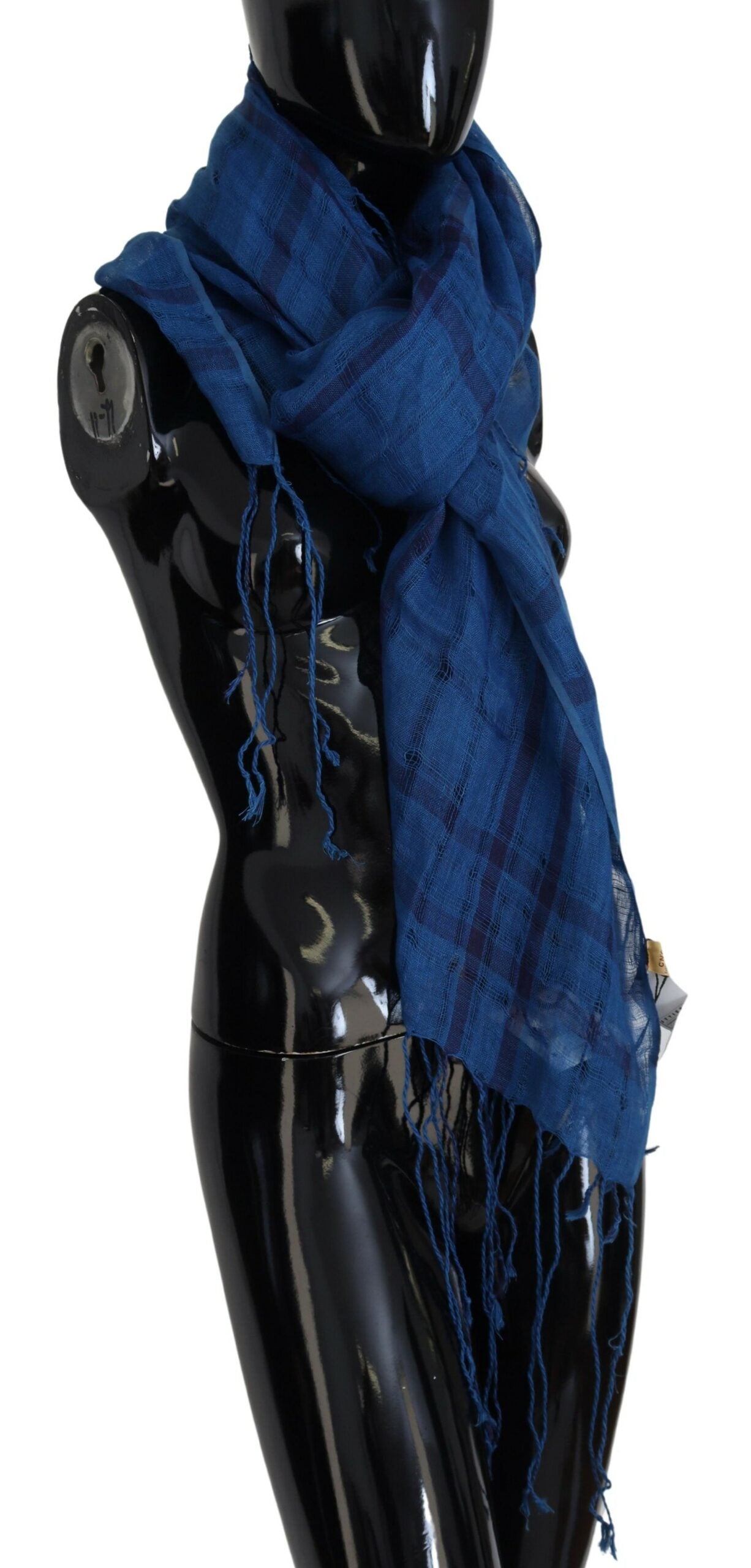 Costume National Chic Linen Fringed Scarf in Blue Checkered - ACCEXO