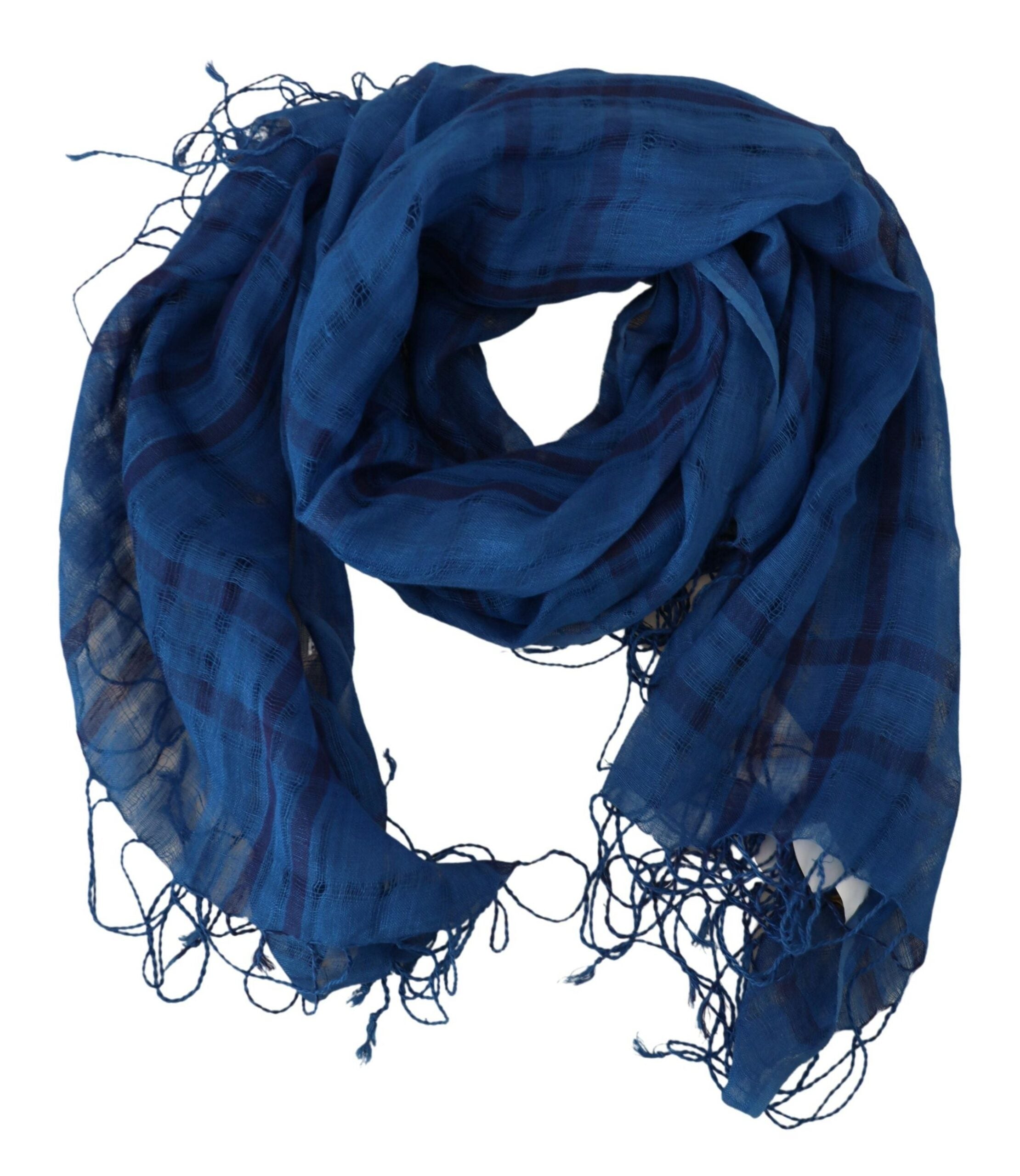 Costume National Chic Linen Fringed Scarf in Blue Checkered - ACCEXO
