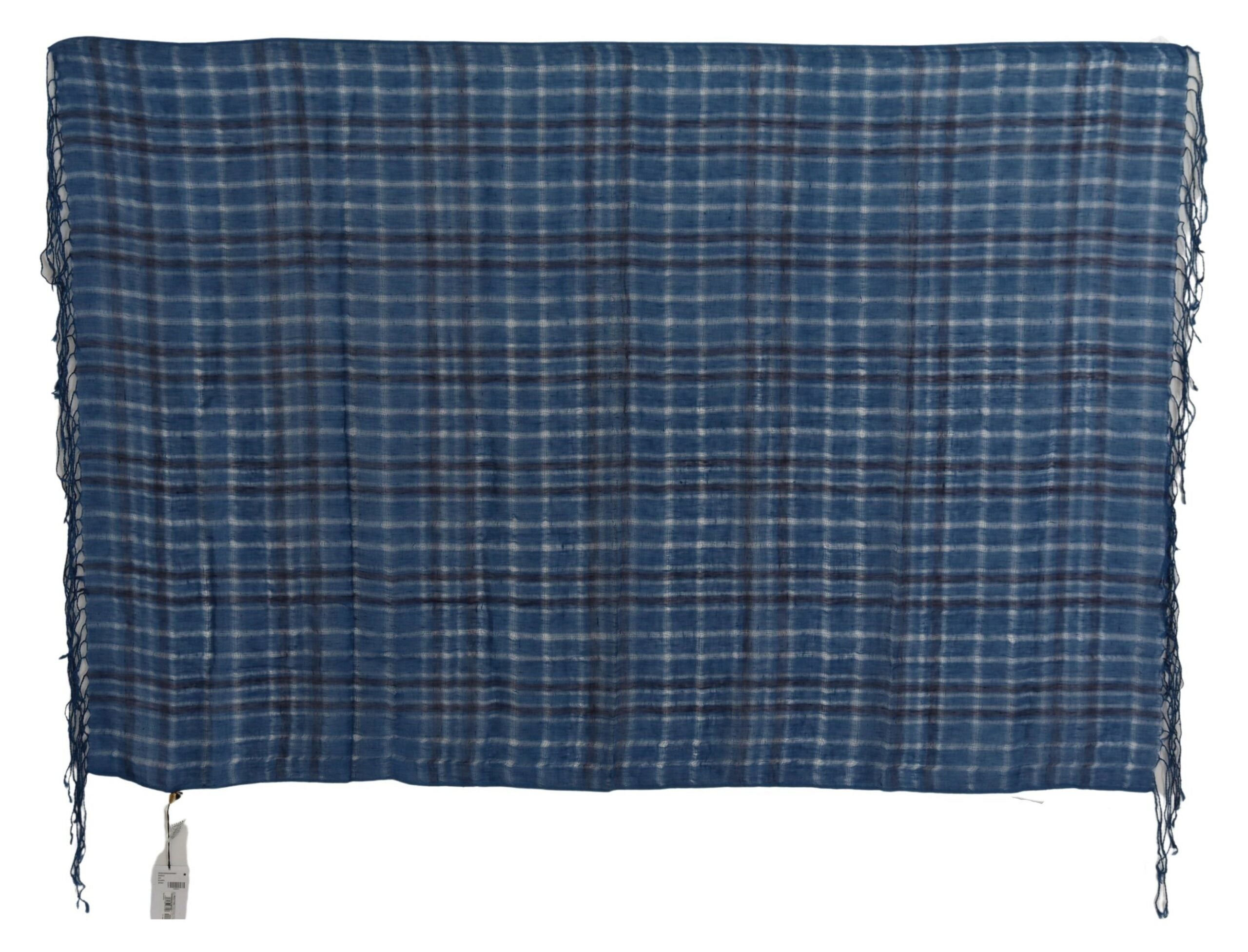 Costume National Chic Linen Fringed Scarf in Blue Checkered - ACCEXO