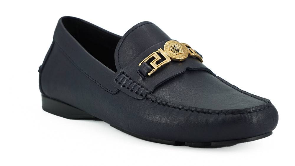 Versace Elegant Navy Blue Calf Leather Loafers - ACCEXO