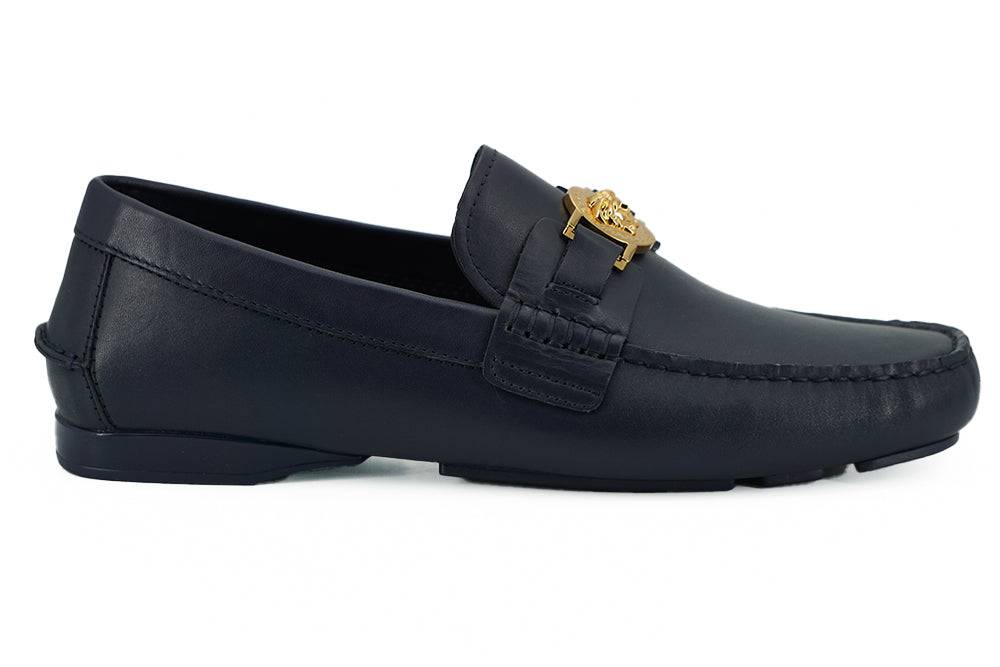 Versace Elegant Navy Blue Calf Leather Loafers - ACCEXO