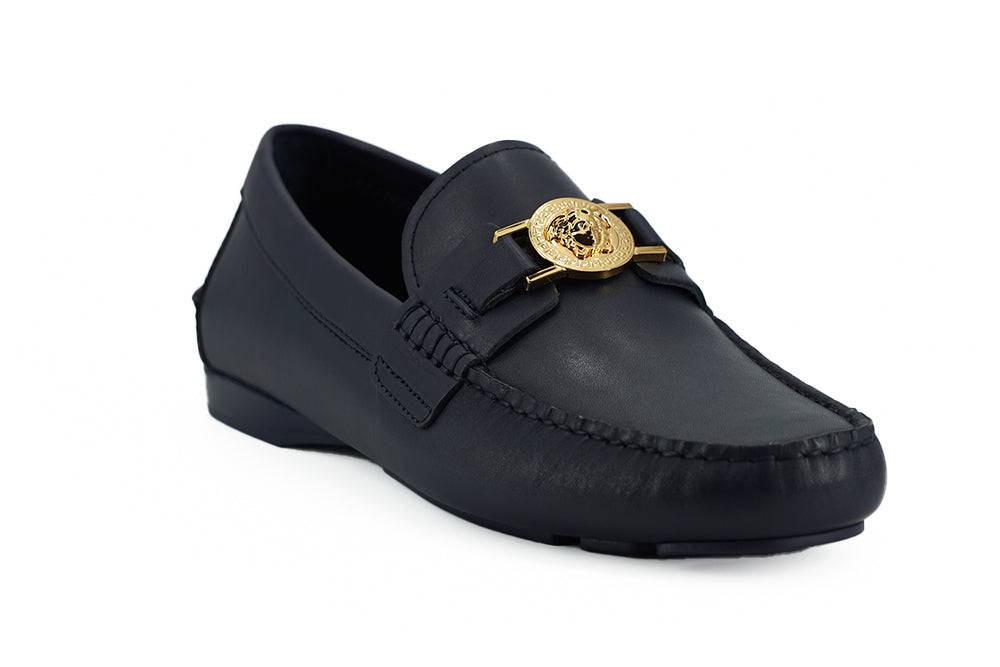 Versace Elegant Navy Blue Calf Leather Loafers - ACCEXO