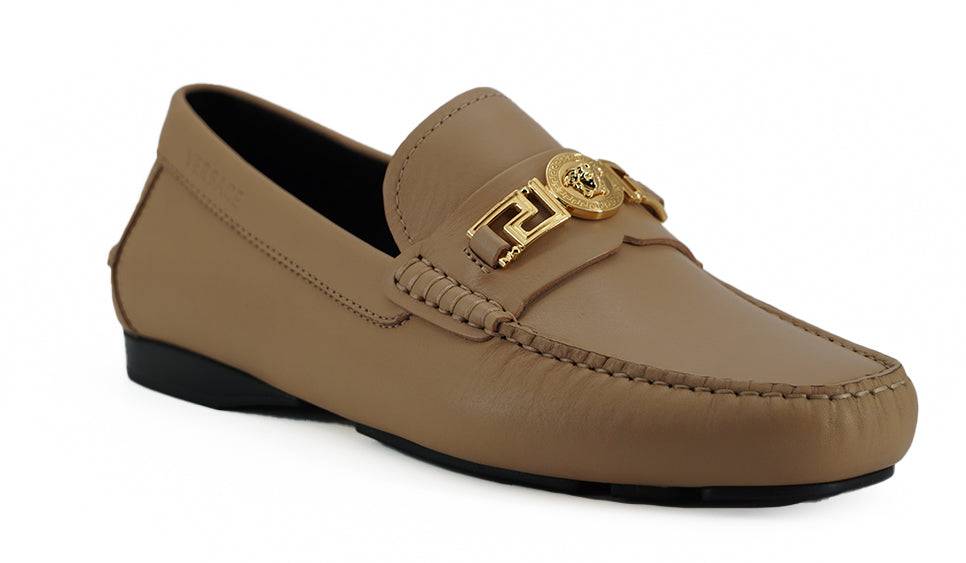 Versace Exquisite Medusa Gold-Tone Leather Loafers - ACCEXO