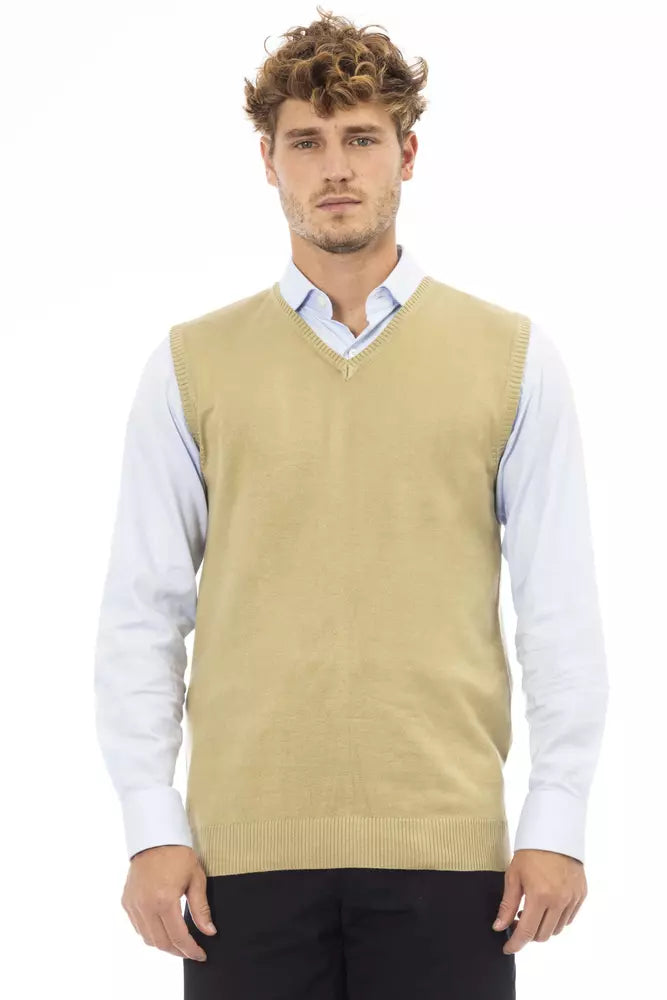 Alpha Studio Beige Viscose Men Vest - ACCEXO