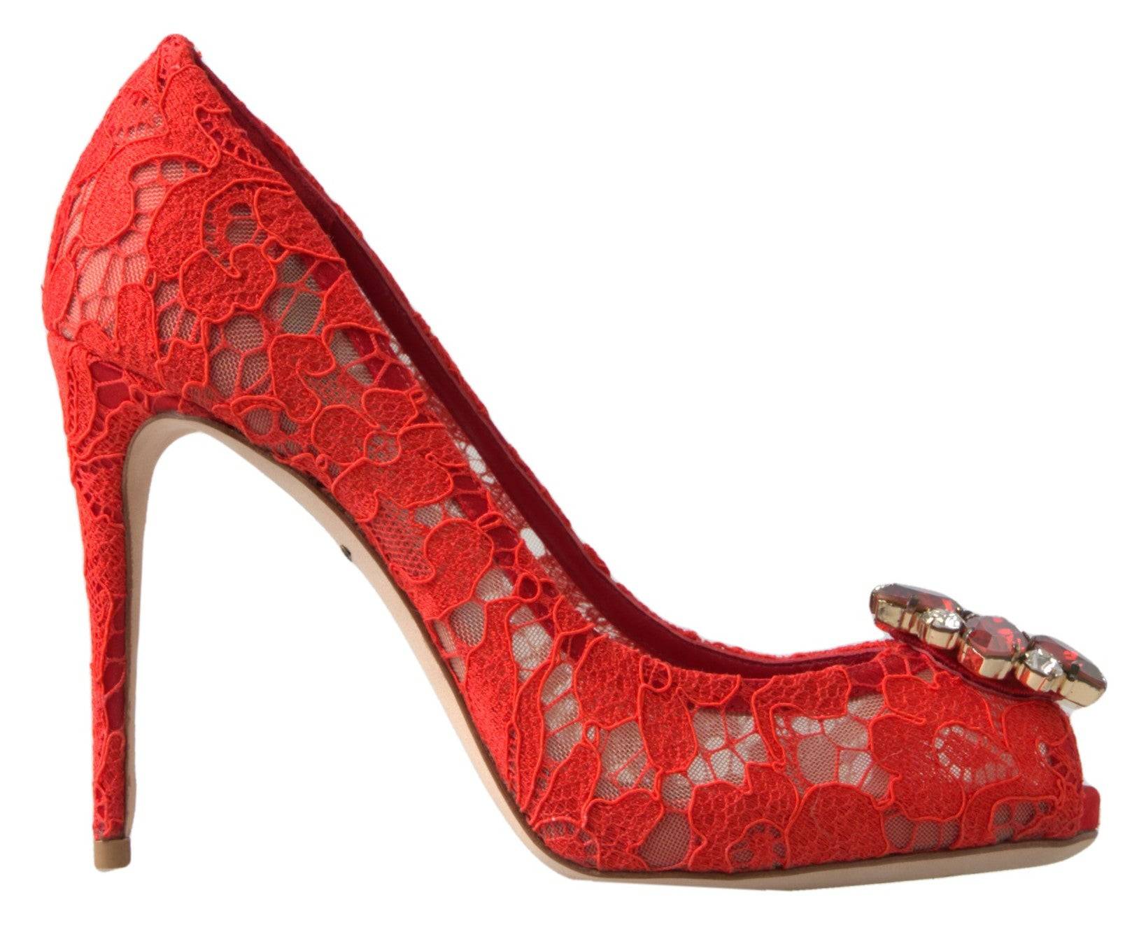 Dolce & Gabbana Chic Red Lace Heels with Crystal Embellishment - ACCEXO