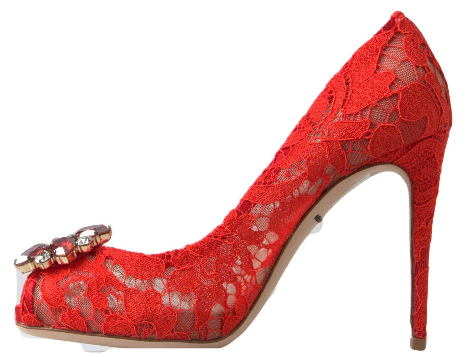 Dolce & Gabbana Chic Red Lace Heels with Crystal Embellishment - ACCEXO