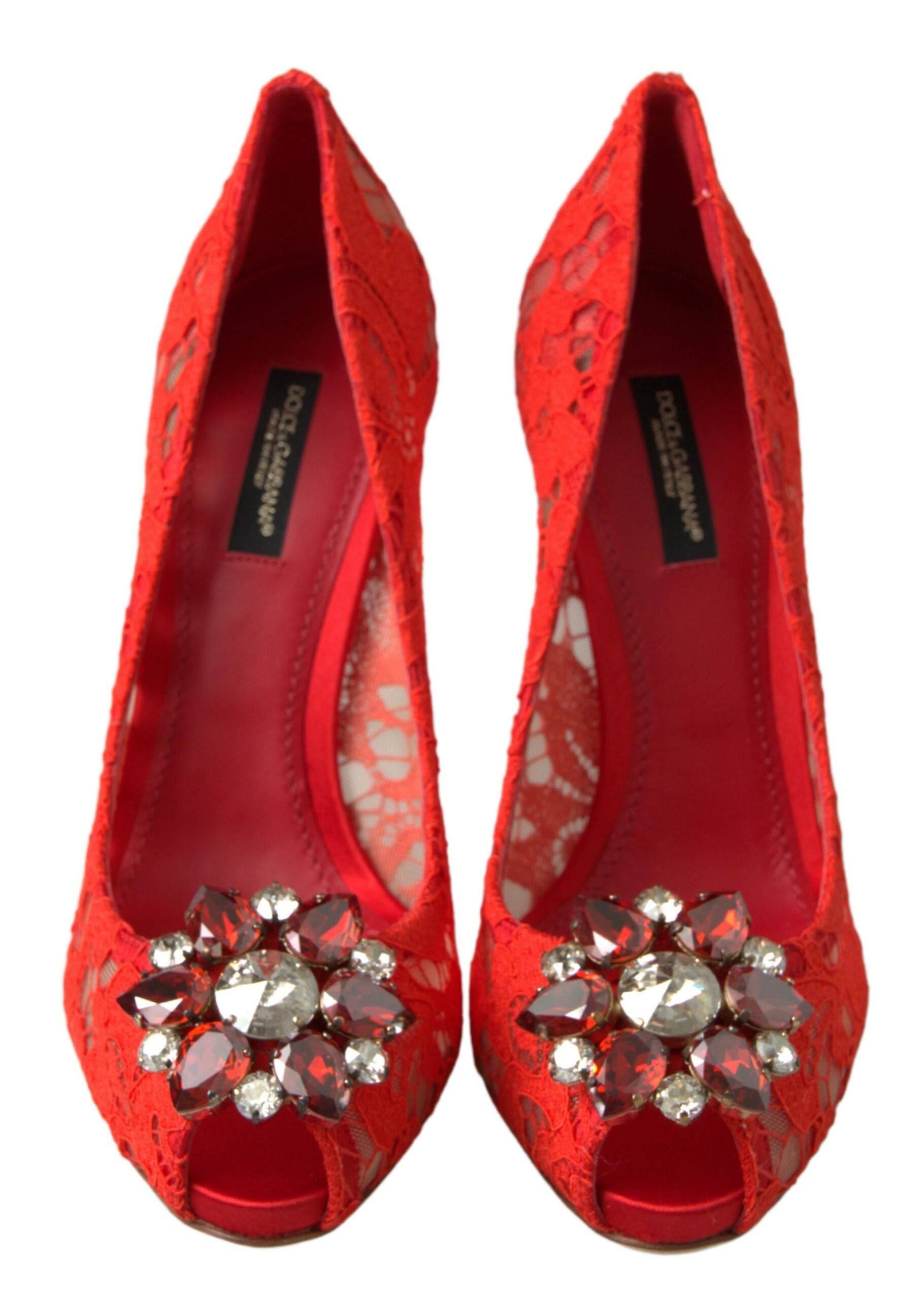 Dolce & Gabbana Chic Red Lace Heels with Crystal Embellishment - ACCEXO
