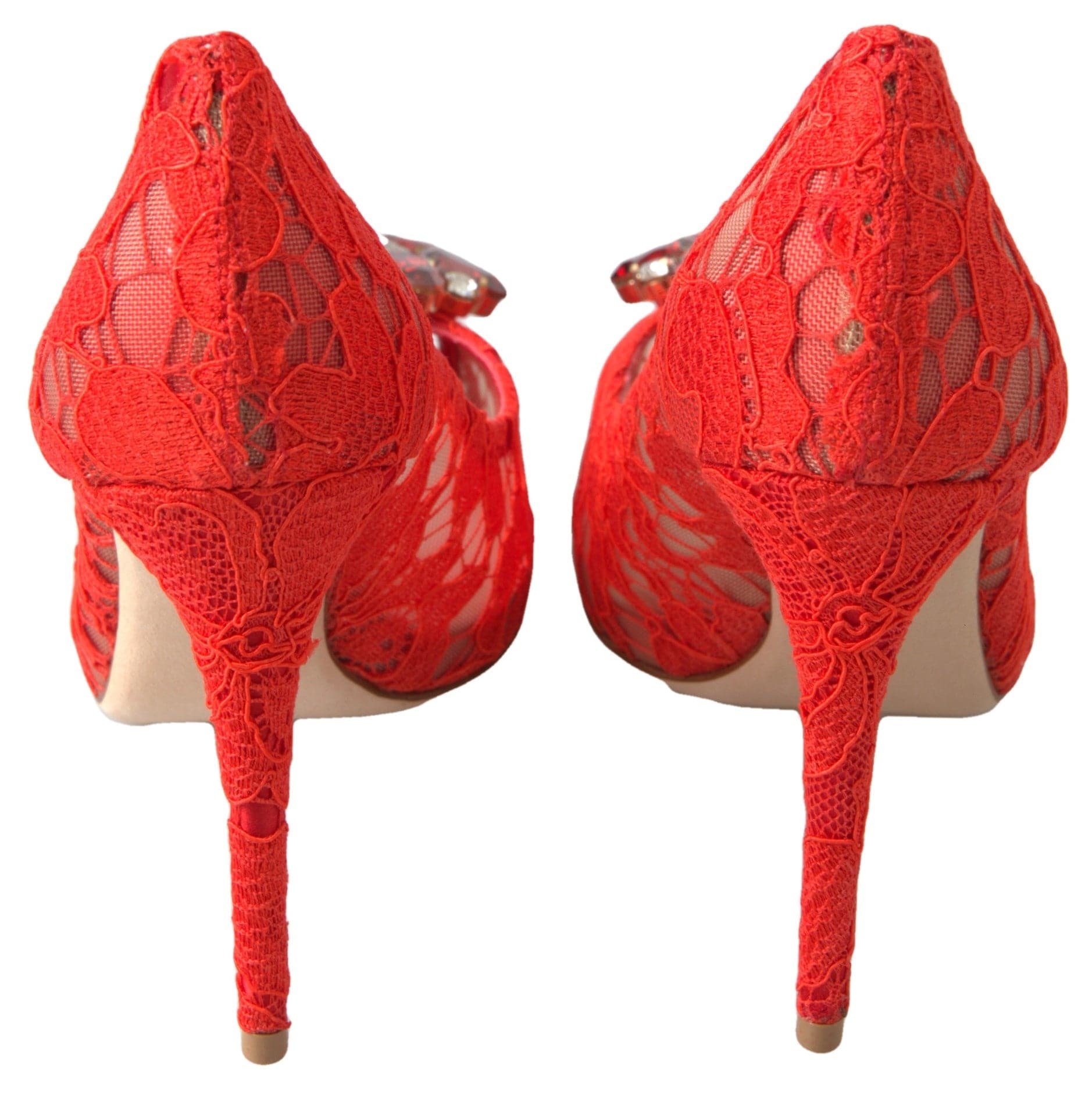 Dolce & Gabbana Chic Red Lace Heels with Crystal Embellishment - ACCEXO