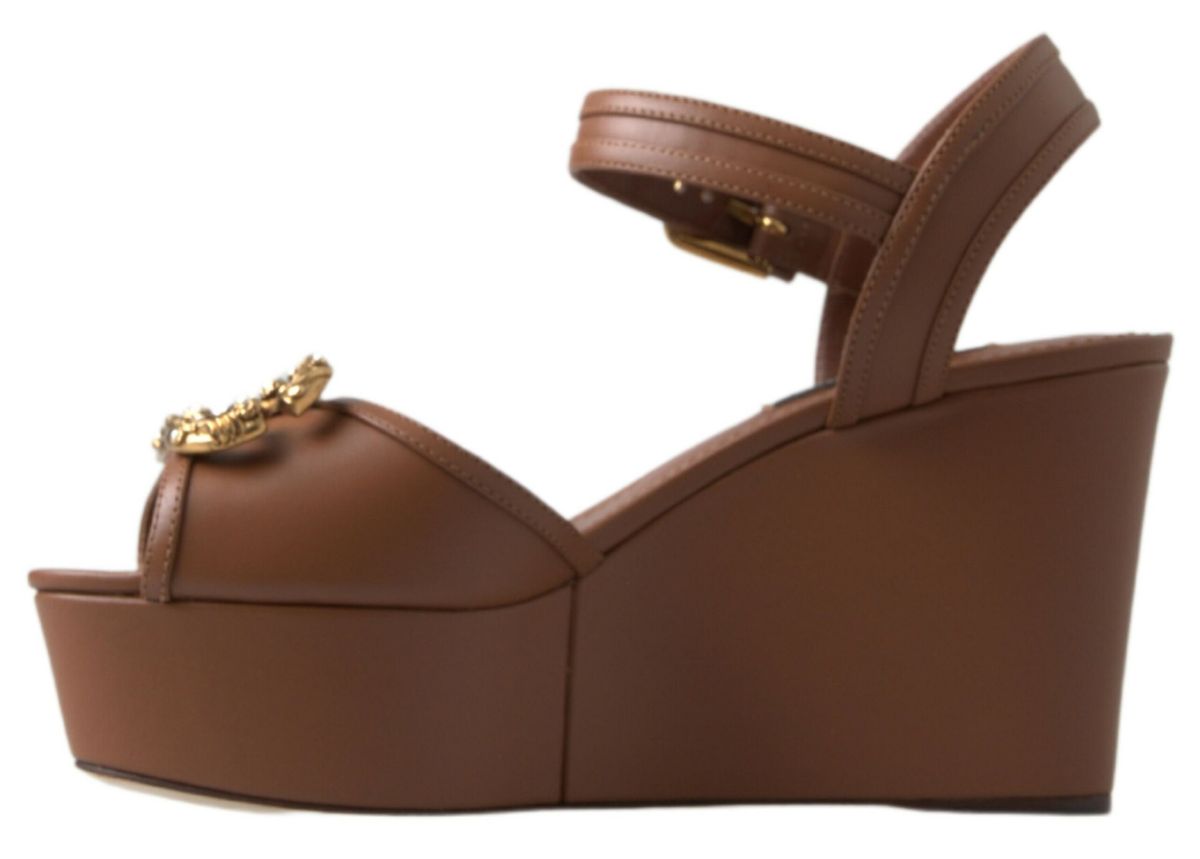 Dolce & Gabbana Chic Brown Leather Ankle Strap Wedges - ACCEXO