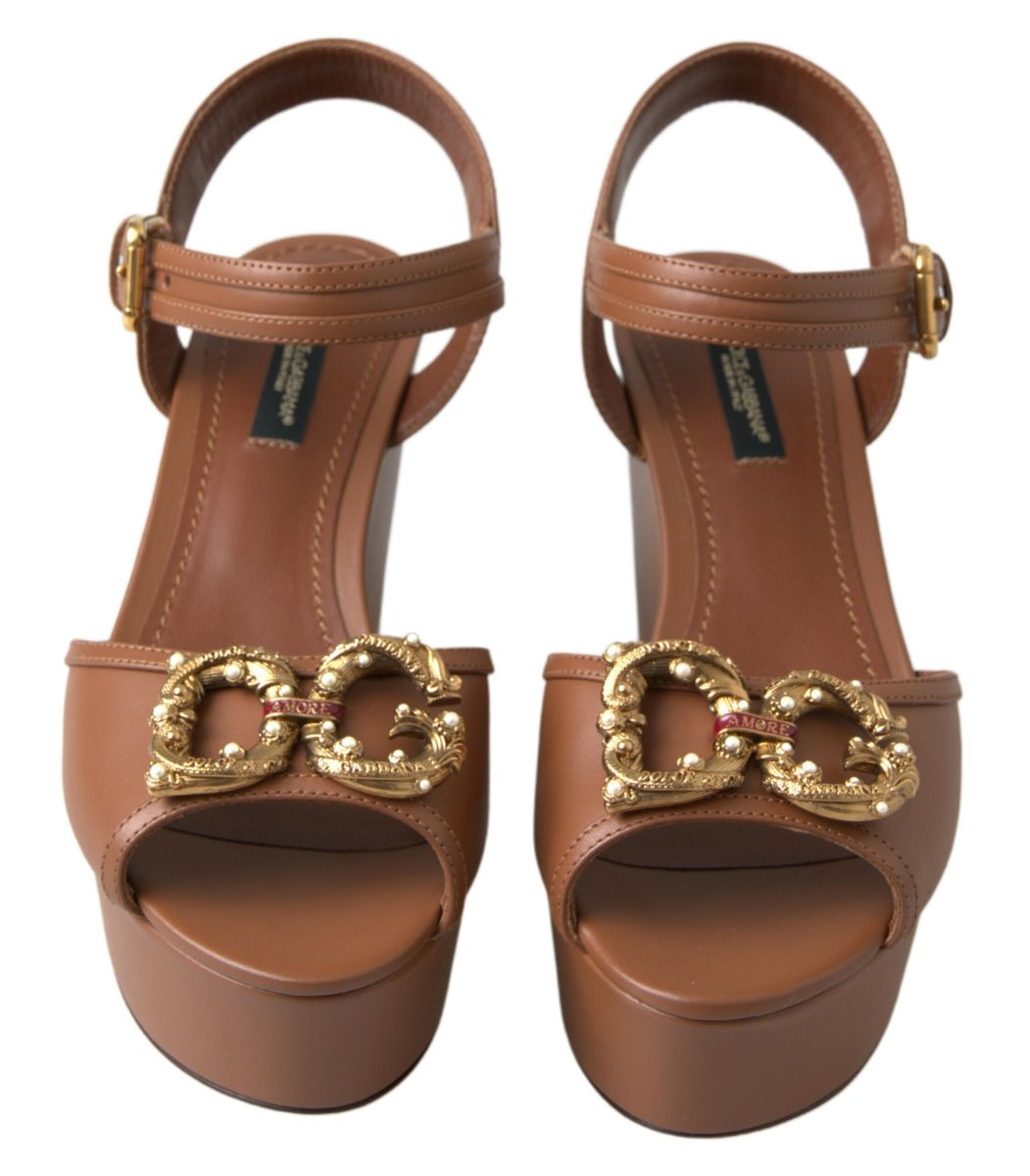 Dolce & Gabbana Chic Brown Leather Ankle Strap Wedges - ACCEXO