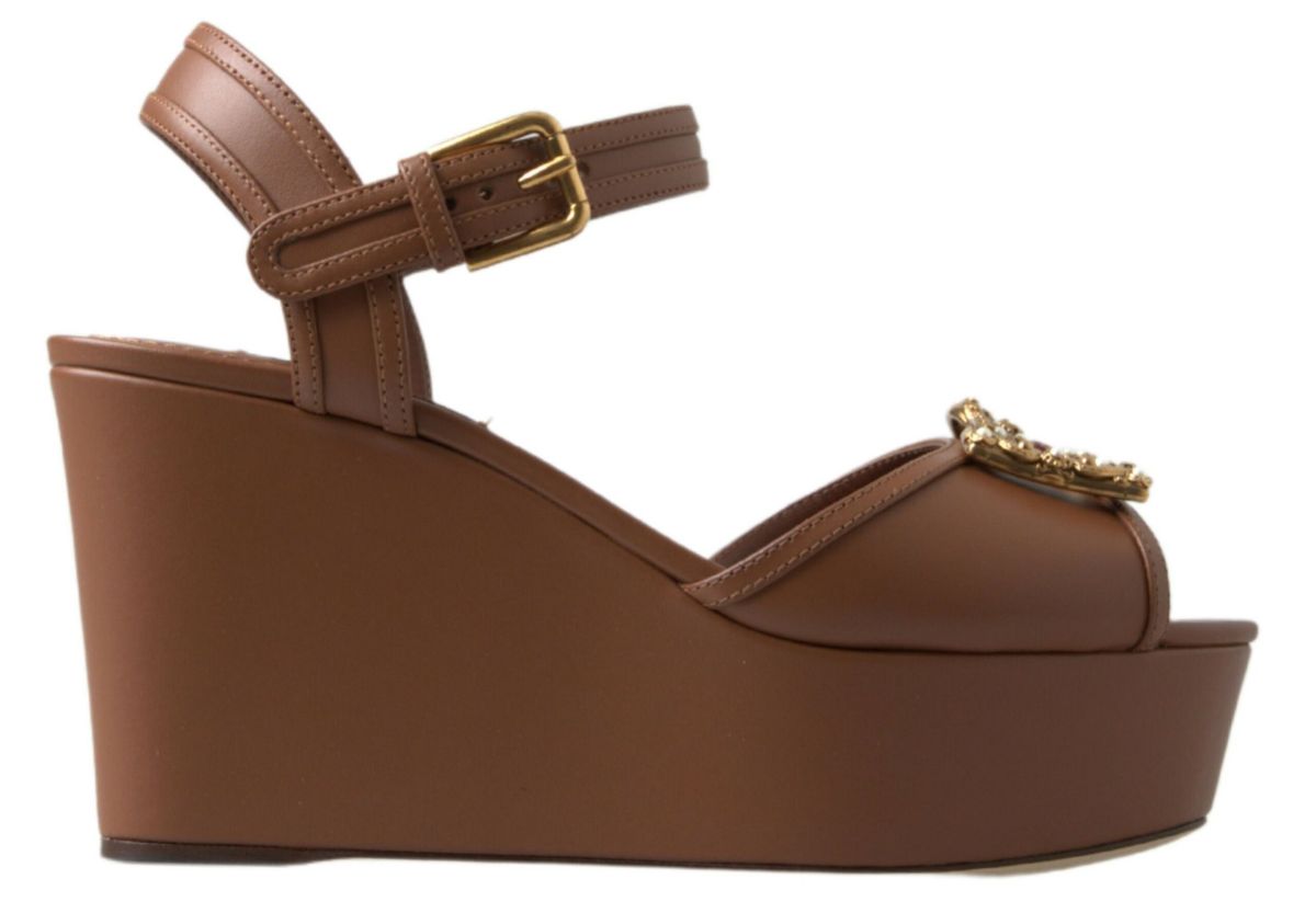 Dolce & Gabbana Chic Brown Leather Ankle Strap Wedges - ACCEXO