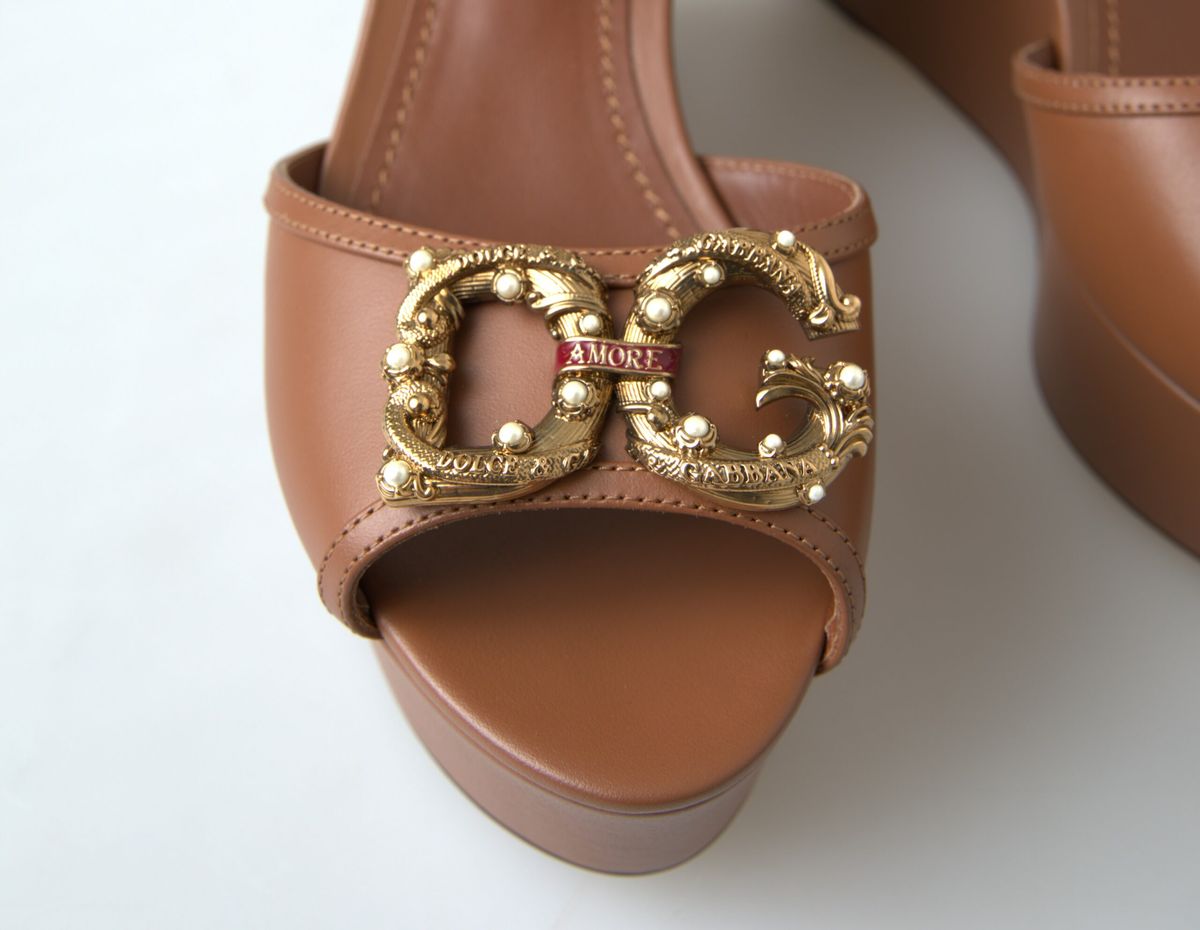 Dolce & Gabbana Chic Brown Leather Ankle Strap Wedges - ACCEXO