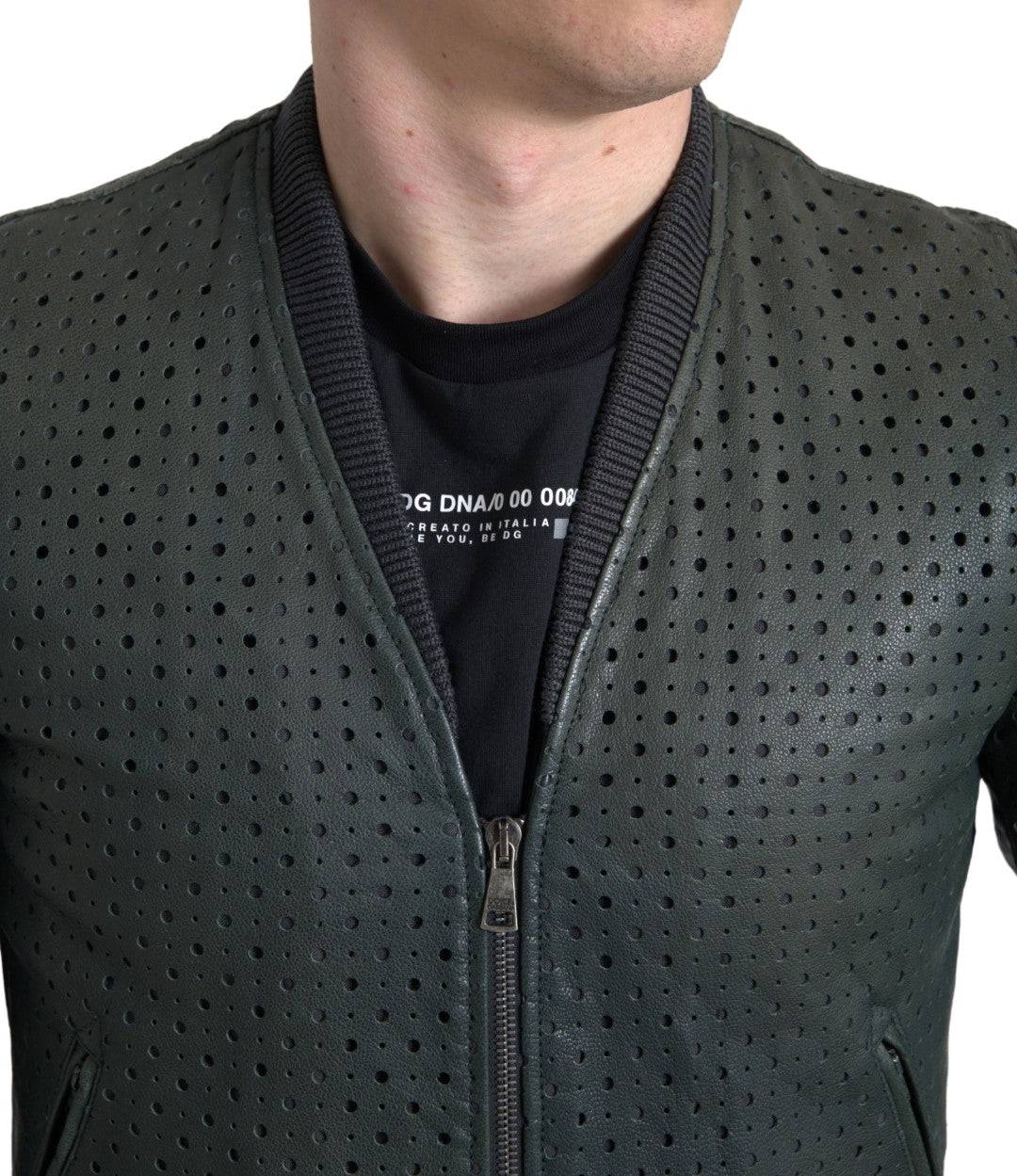 Dolce & Gabbana Green Perforated Leather Bomber Jacket Secondary image