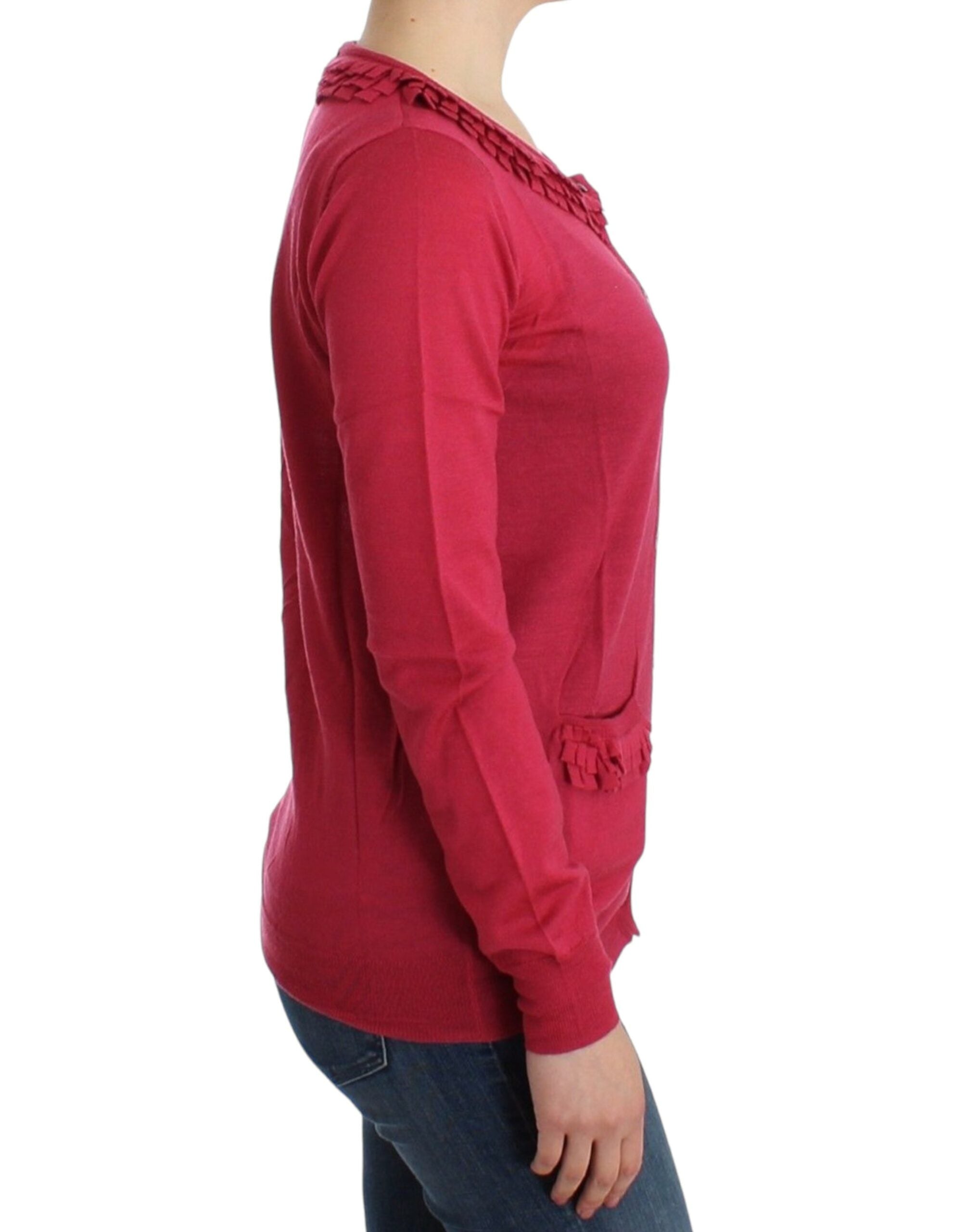 John Galliano Ruffle Detail Wool Cardigan in Pink - ACCEXO