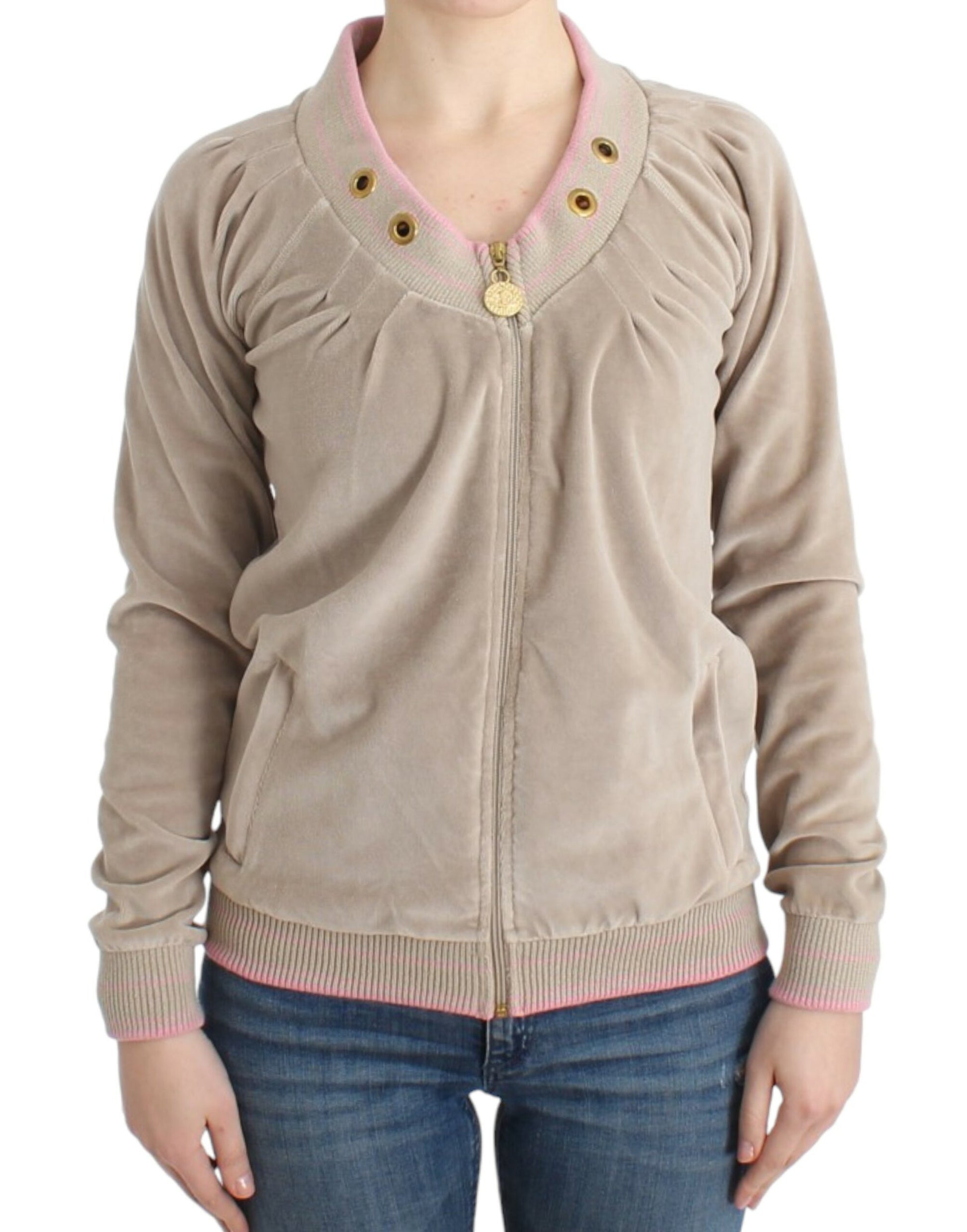 Cavalli Beige Zip Cardigan with Gold Tone Accents - ACCEXO