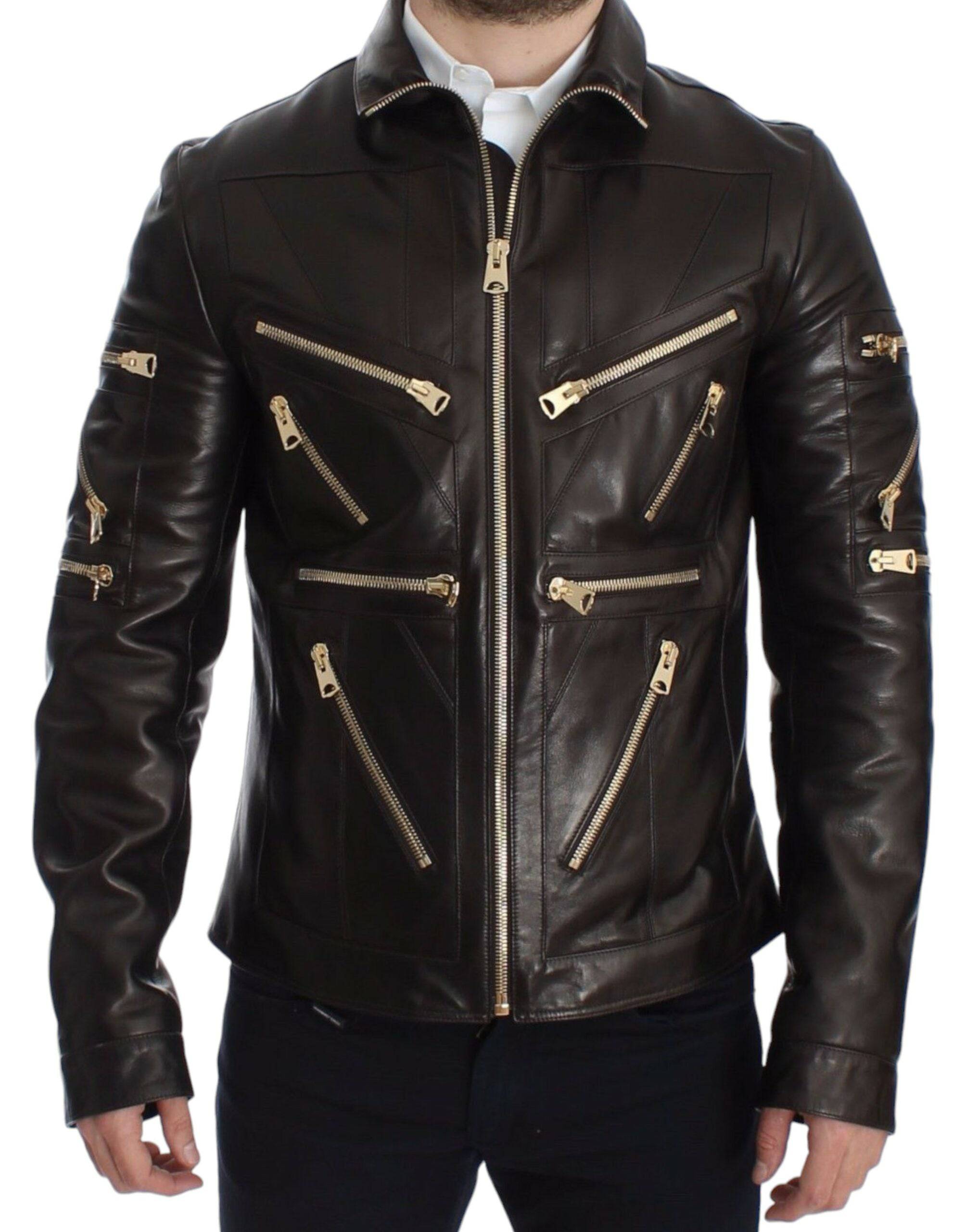 Dolce & Gabbana Elegant Brown Gold-Detailed Leather Jacket - ACCEXO