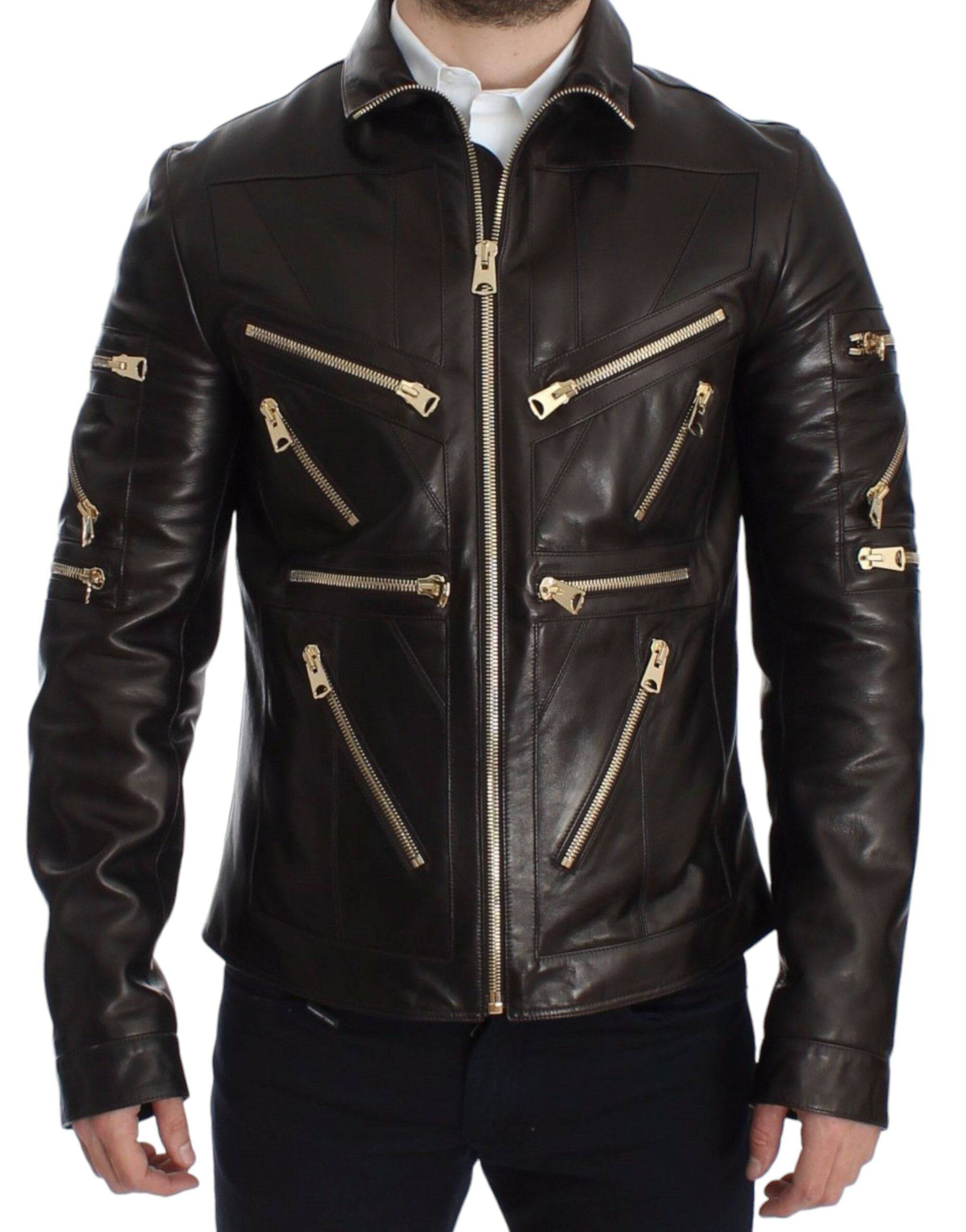 Dolce & Gabbana Elegant Brown Gold-Detailed Leather Jacket - ACCEXO