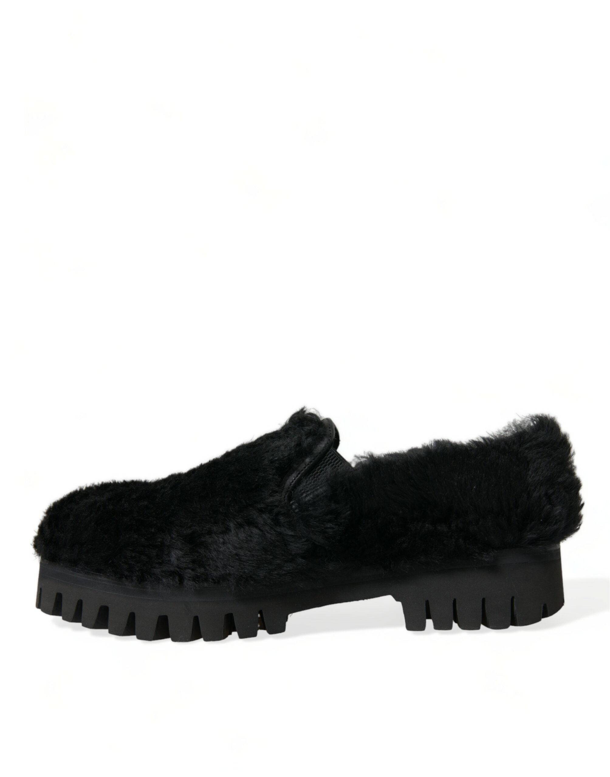 Dolce & Gabbana Elegant Black Fur Slip On Loafers for Men - ACCEXO