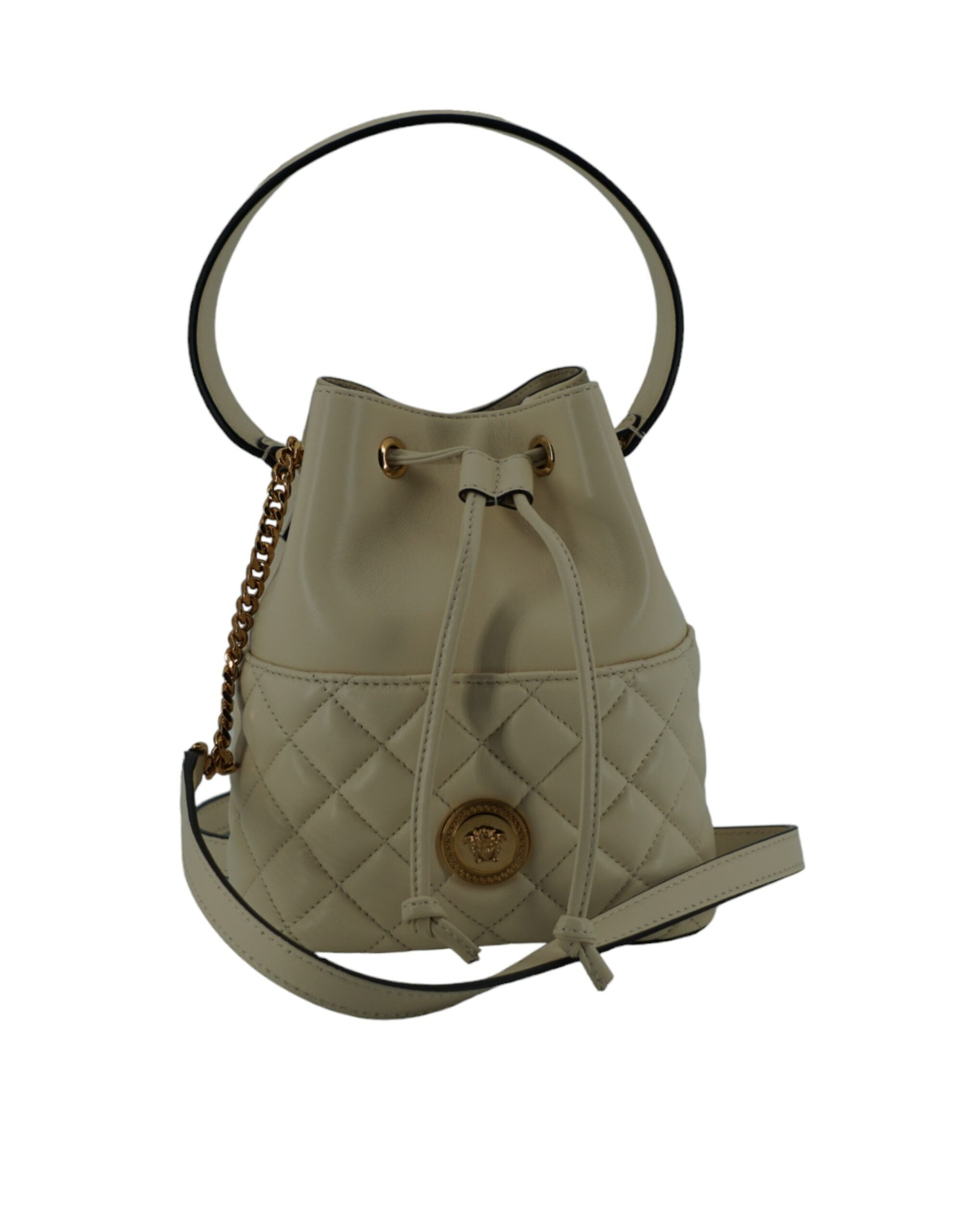 Versace Elegant Small White Leather Bucket Shoulder Bag - ACCEXO