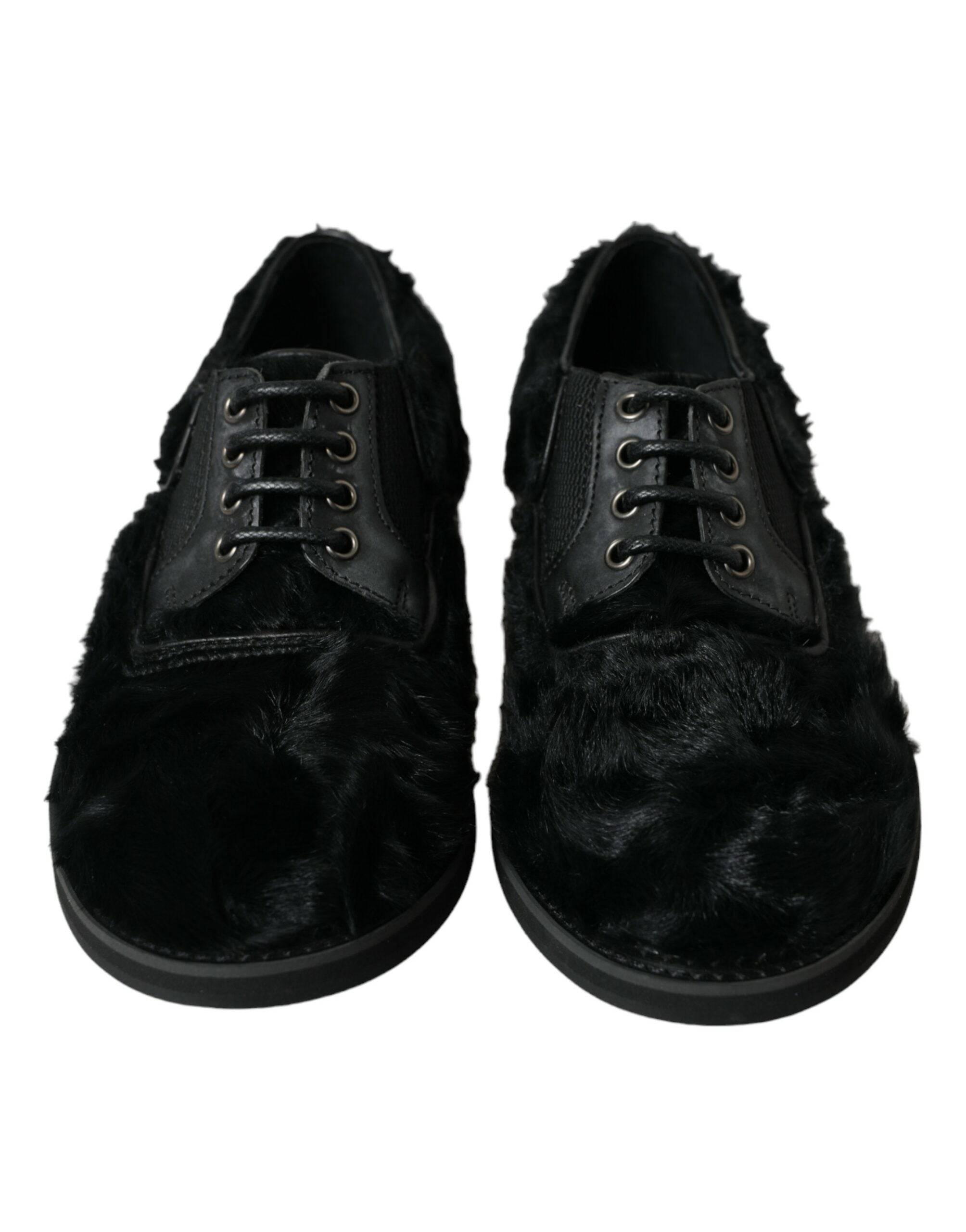 Dolce & Gabbana Elegant Black Fur Derby Dress Shoes for Men - ACCEXO