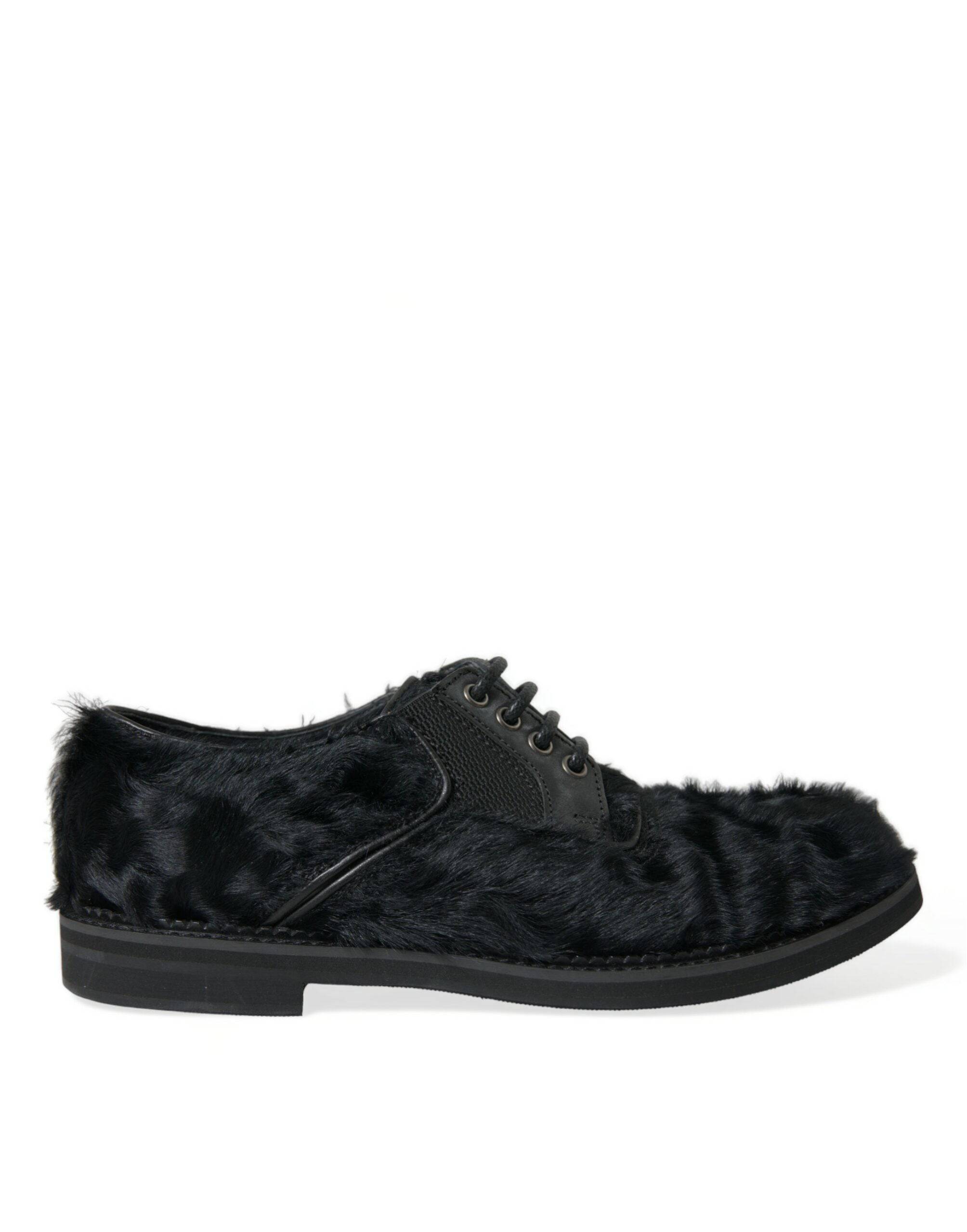 Dolce & Gabbana Elegant Black Fur Derby Dress Shoes for Men - ACCEXO