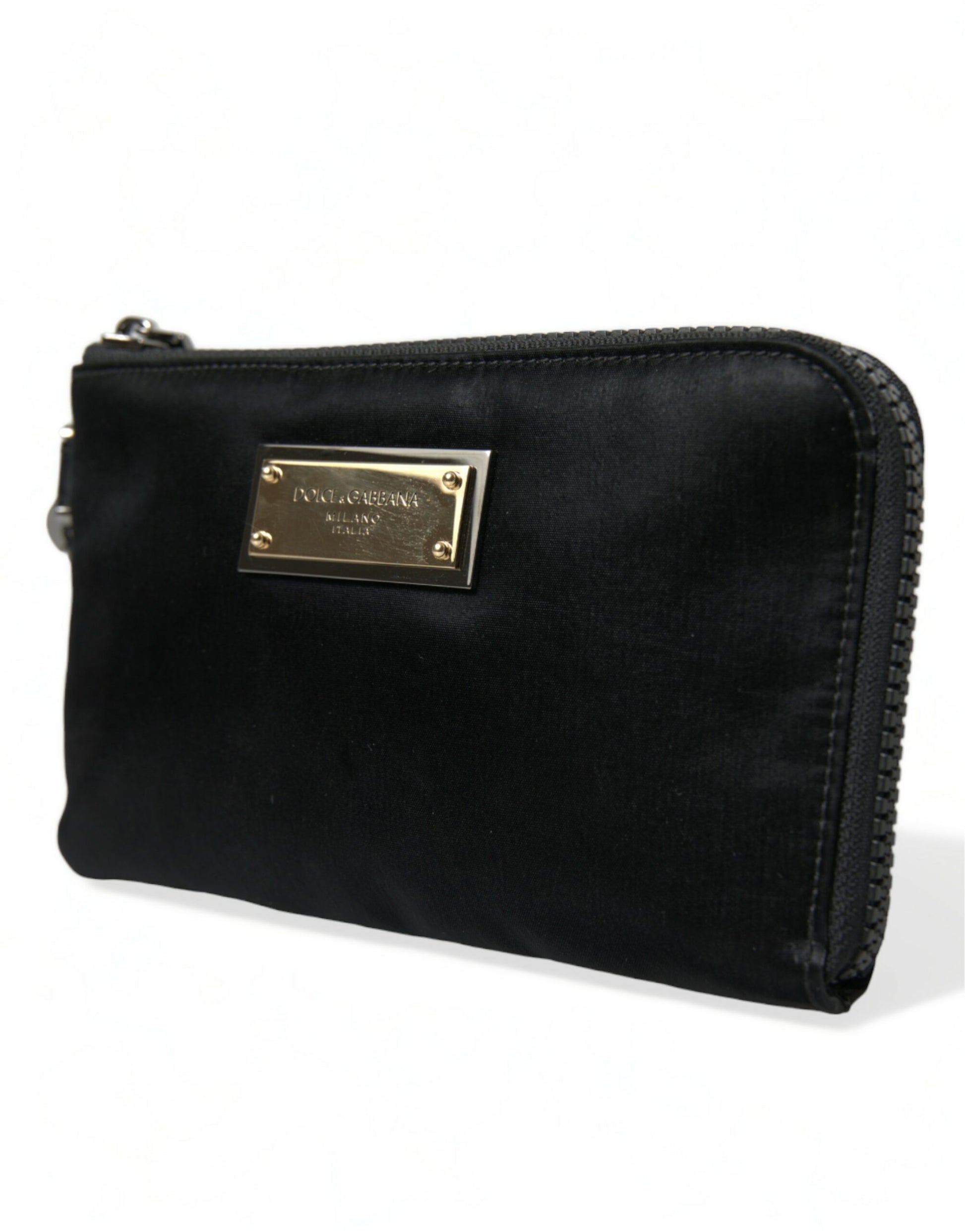 Dolce & Gabbana Elegant Black Nylon Leather Pouch with Silver Details - ACCEXO