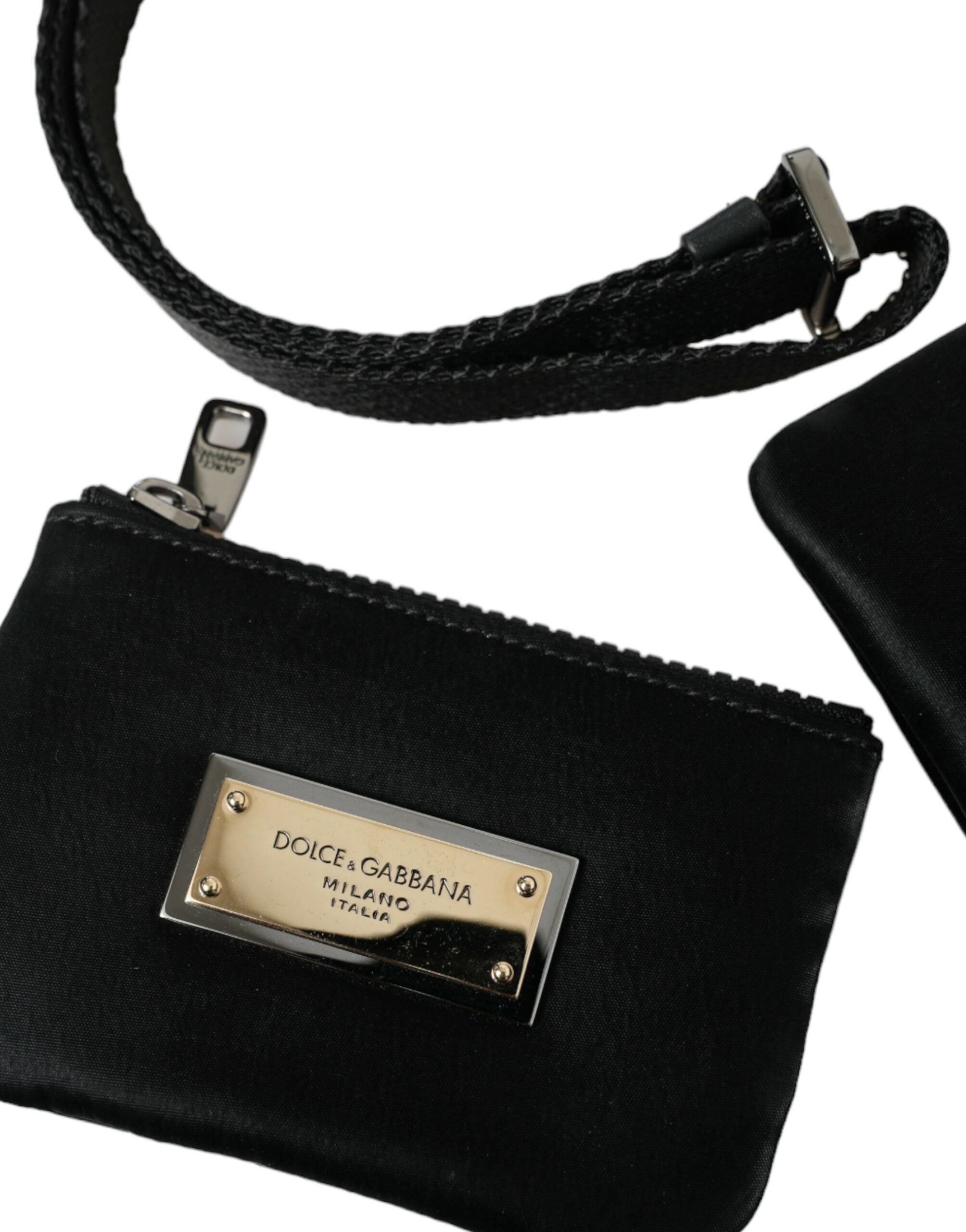 Dolce & Gabbana Elegant Black Nylon Leather Pouch with Silver Details - ACCEXO