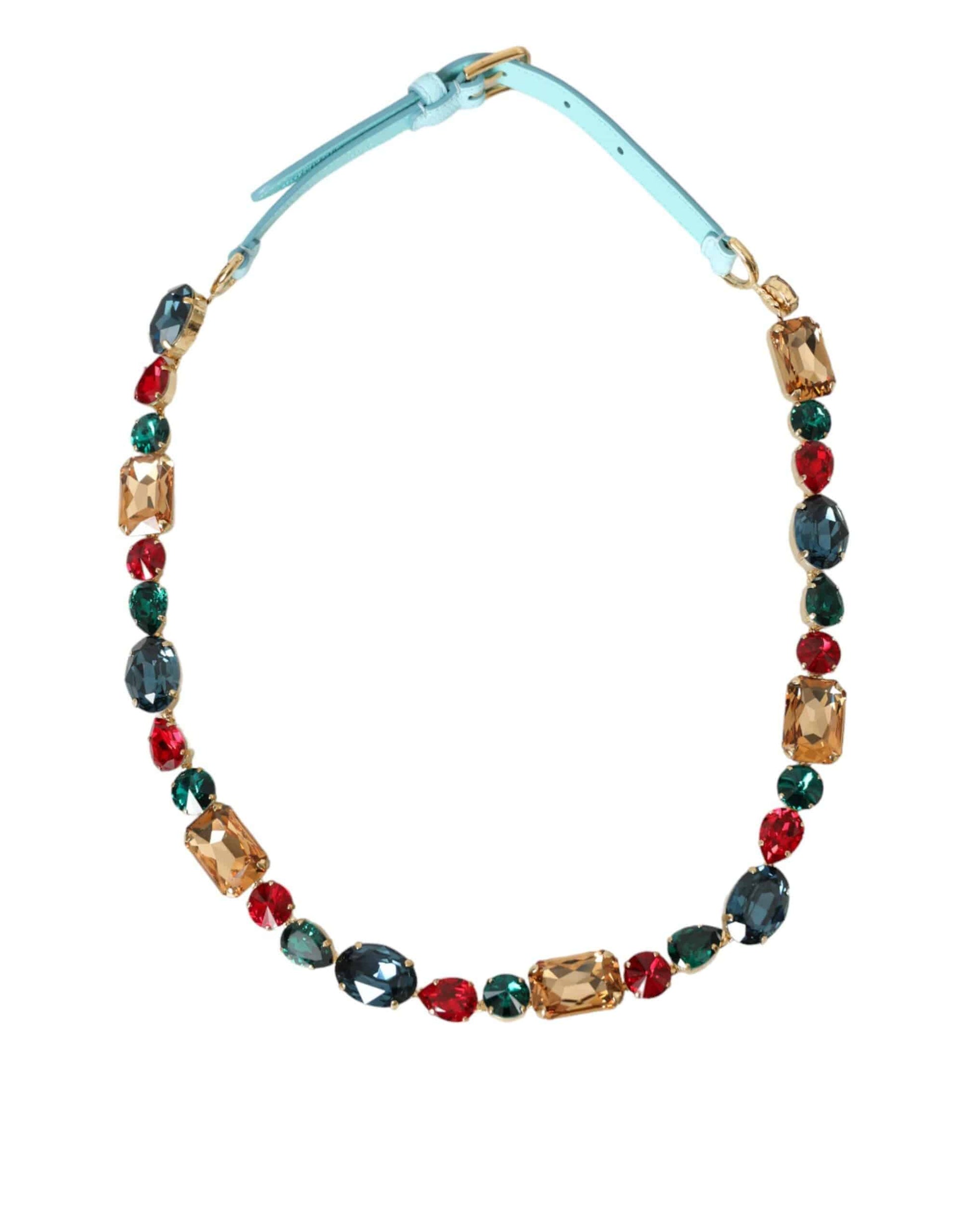 Dolce & Gabbana Light Blue Leather Crystal Chain Waist Belt - ACCEXO