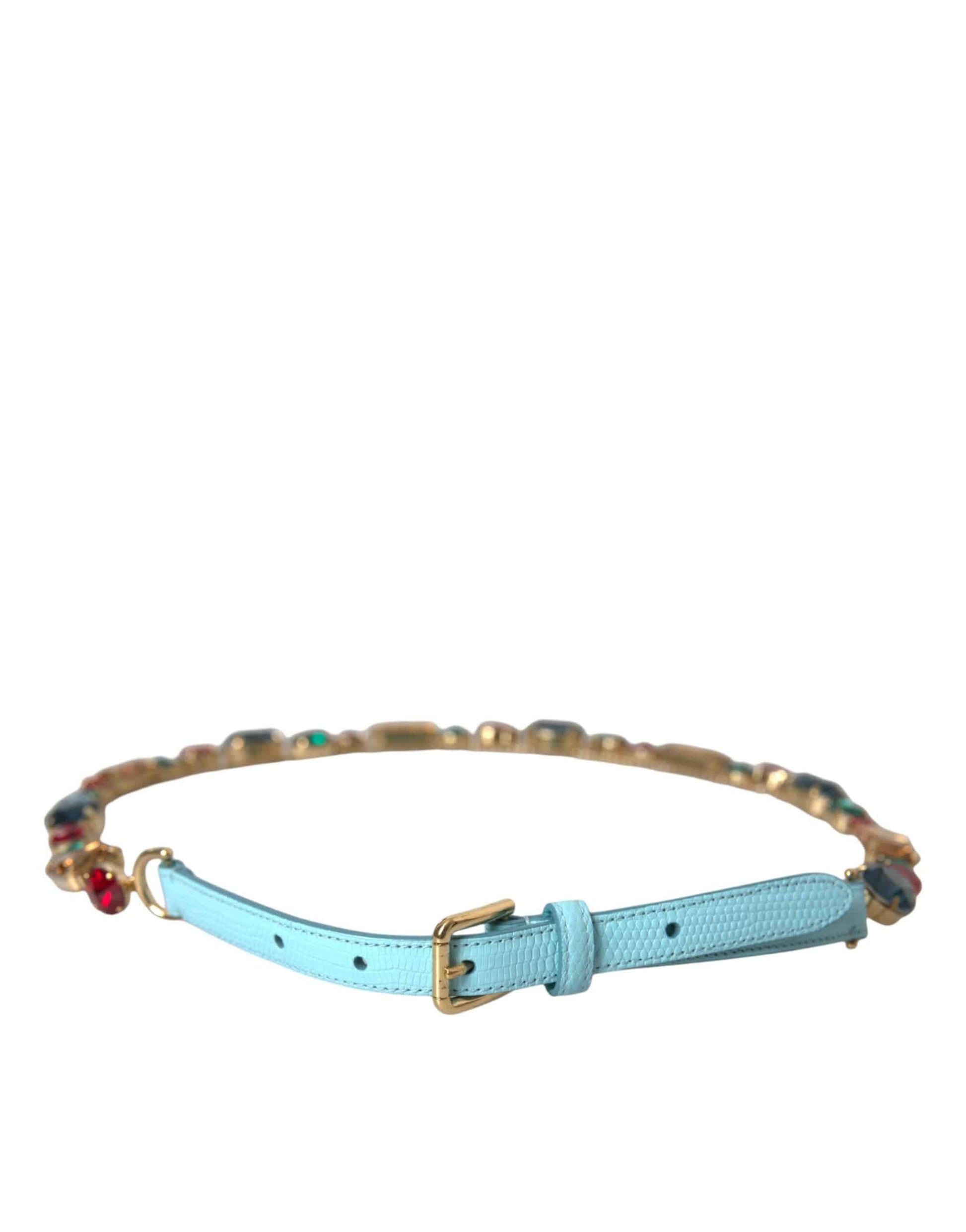 Dolce & Gabbana Light Blue Leather Crystal Chain Waist Belt - ACCEXO