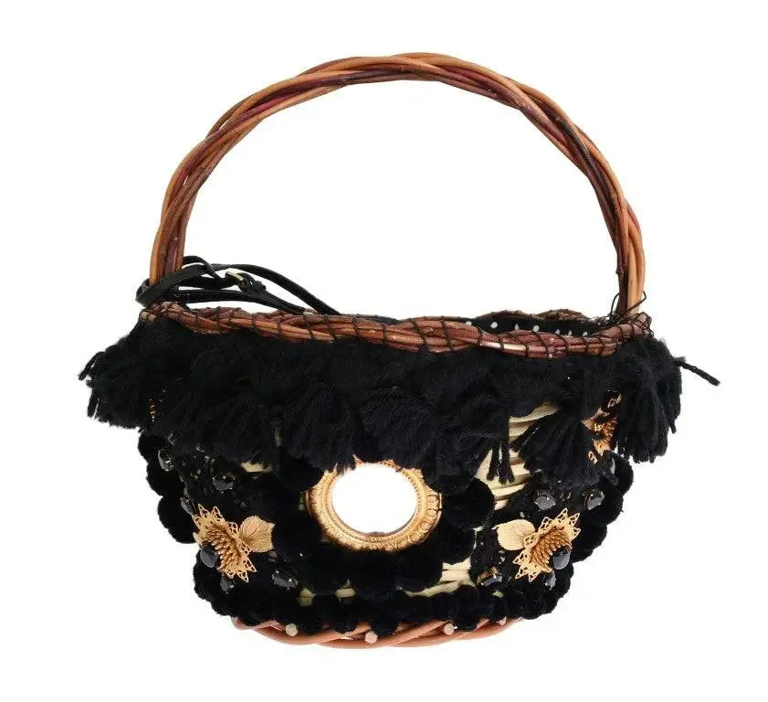 Dolce & Gabbana Beige Straw Snakeskin Pom Pom Crystal AGNESE Bag - Zachava Main image