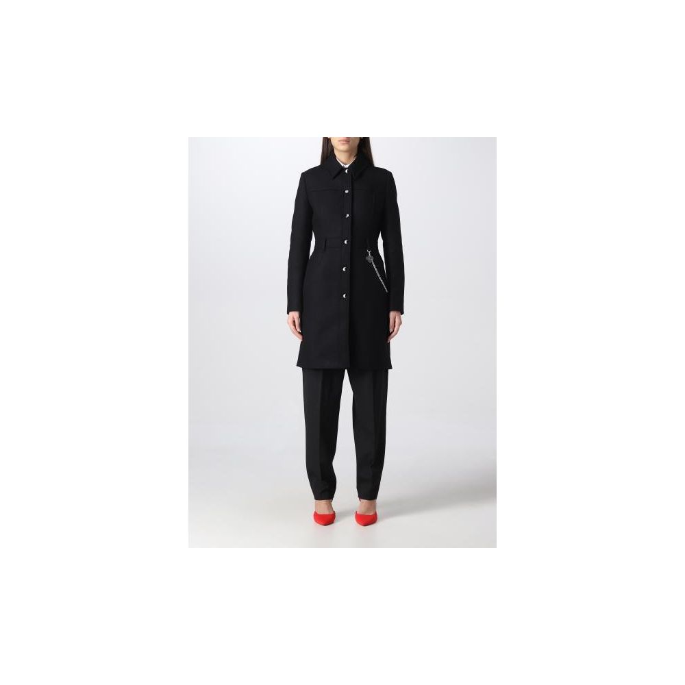 Love Moschino Elegant Black Wool Coat with Silver Chain Detail - ACCEXO