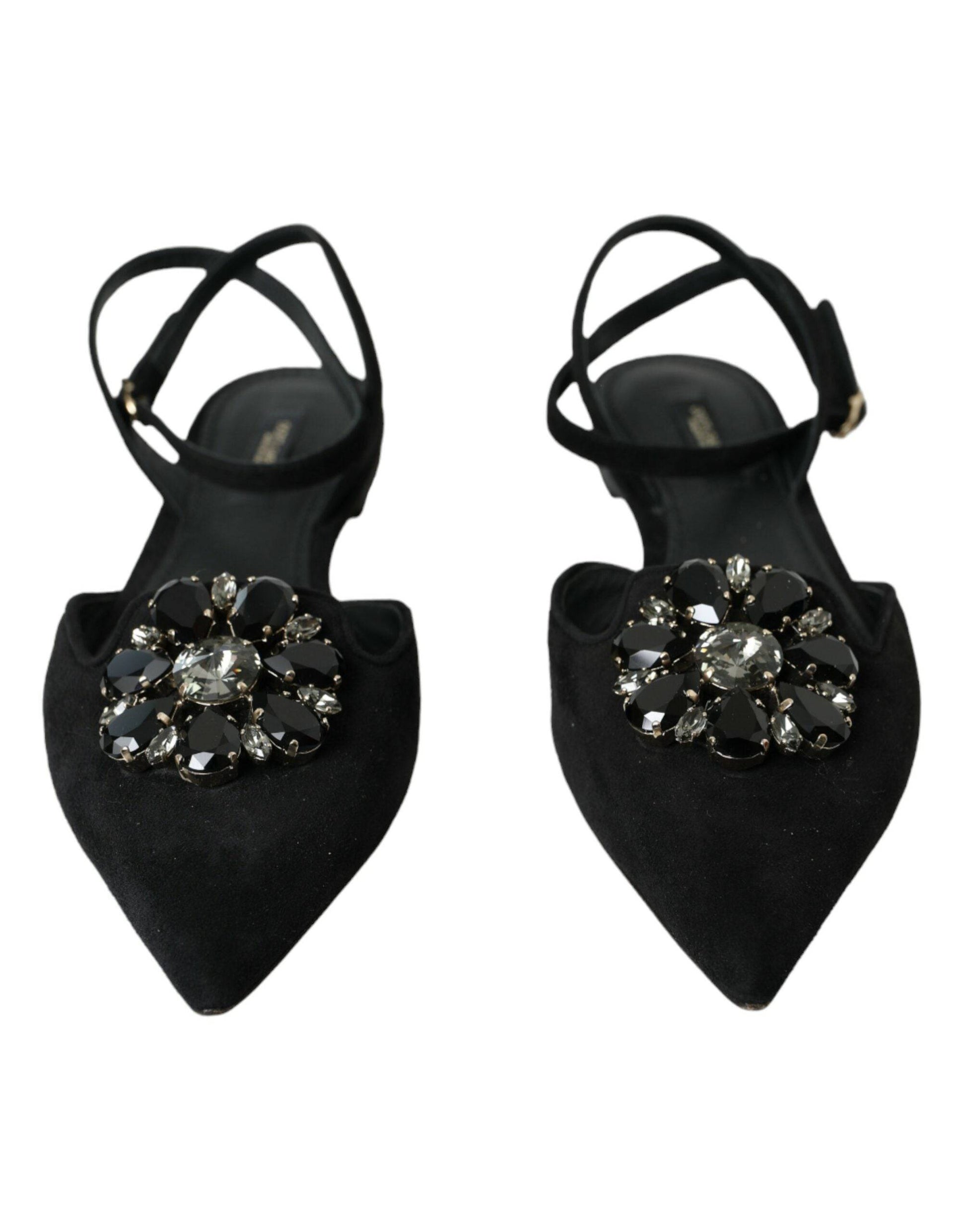 Dolce & Gabbana Black Leather Crystal Slingback Sandals Shoes - ACCEXO
