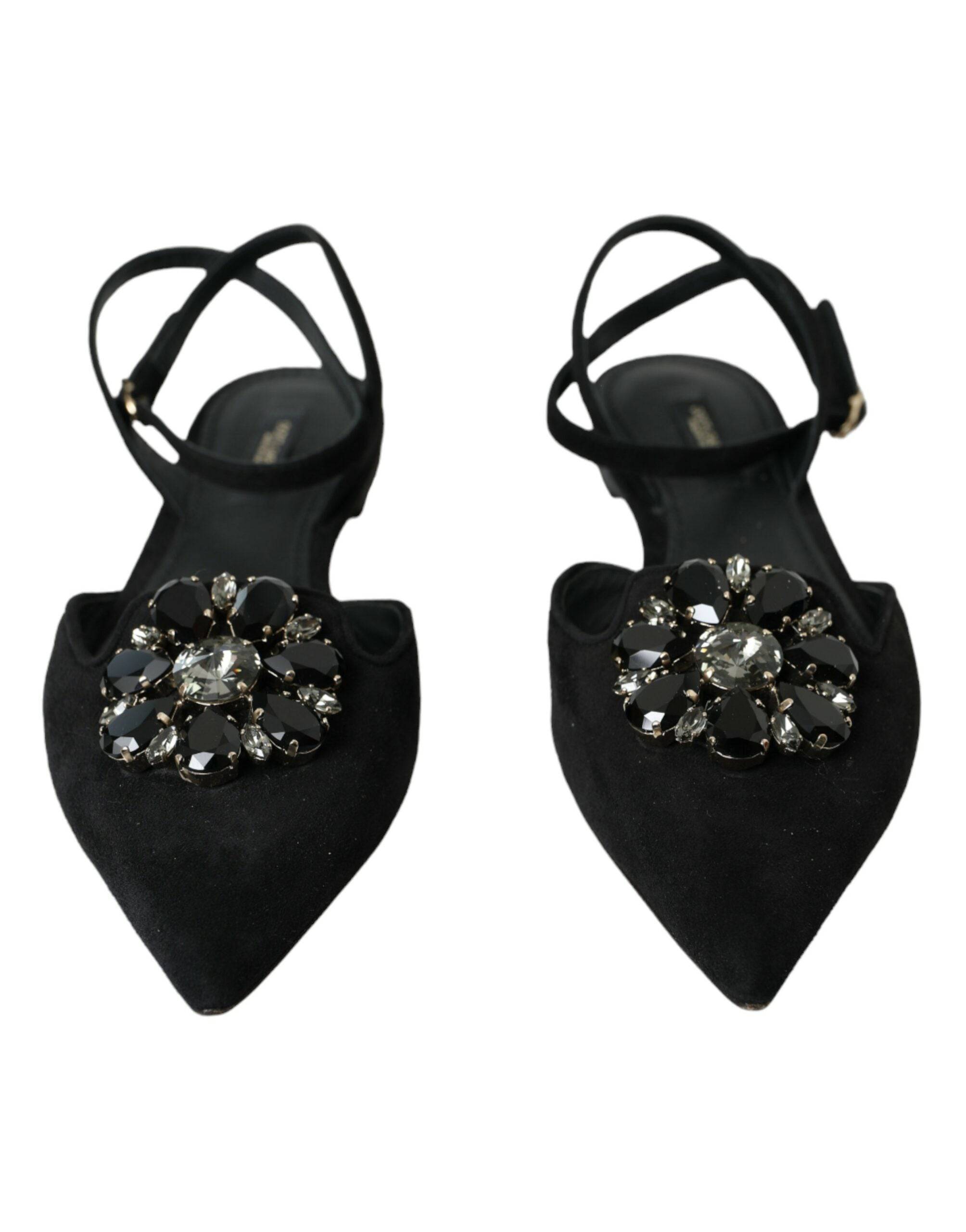 Dolce & Gabbana Black Leather Crystal Slingback Sandals Shoes - ACCEXO