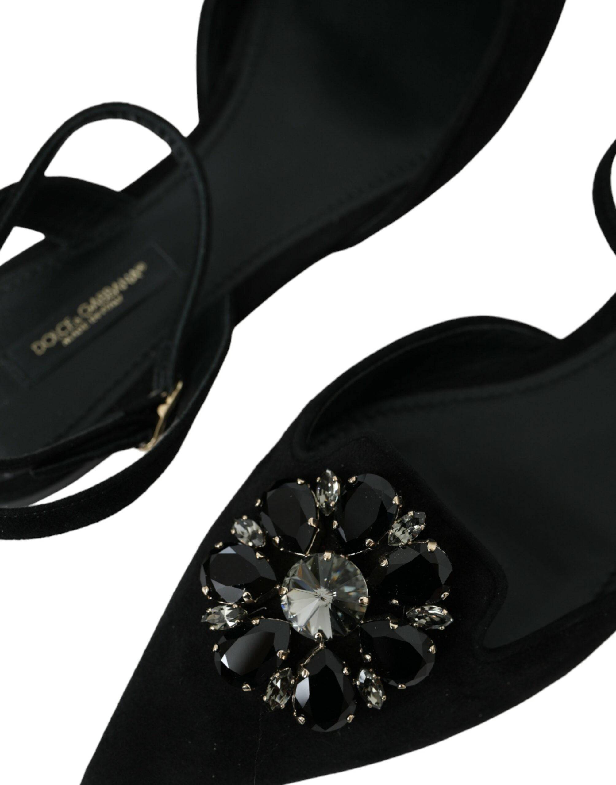 Dolce & Gabbana Black Leather Crystal Slingback Sandals Shoes - ACCEXO