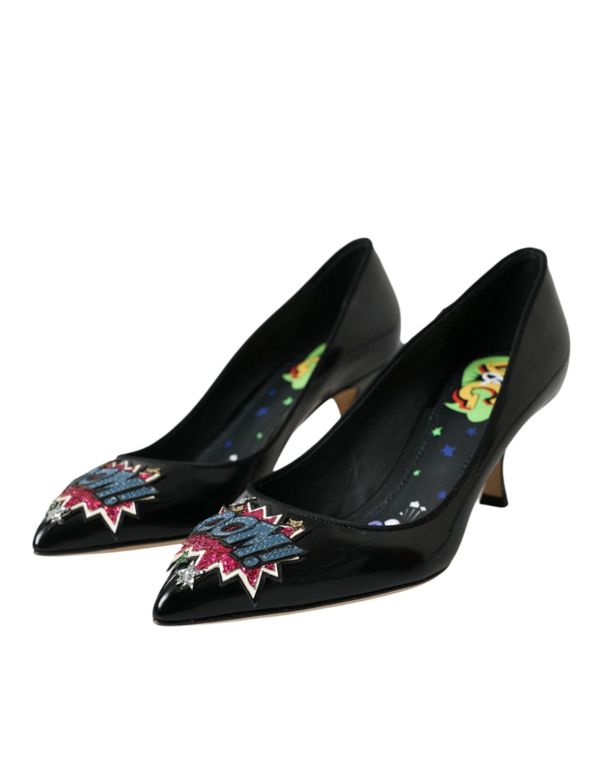 Dolce & Gabbana Black Leather BOOM Patch Heels Pumps Shoes - ACCEXO