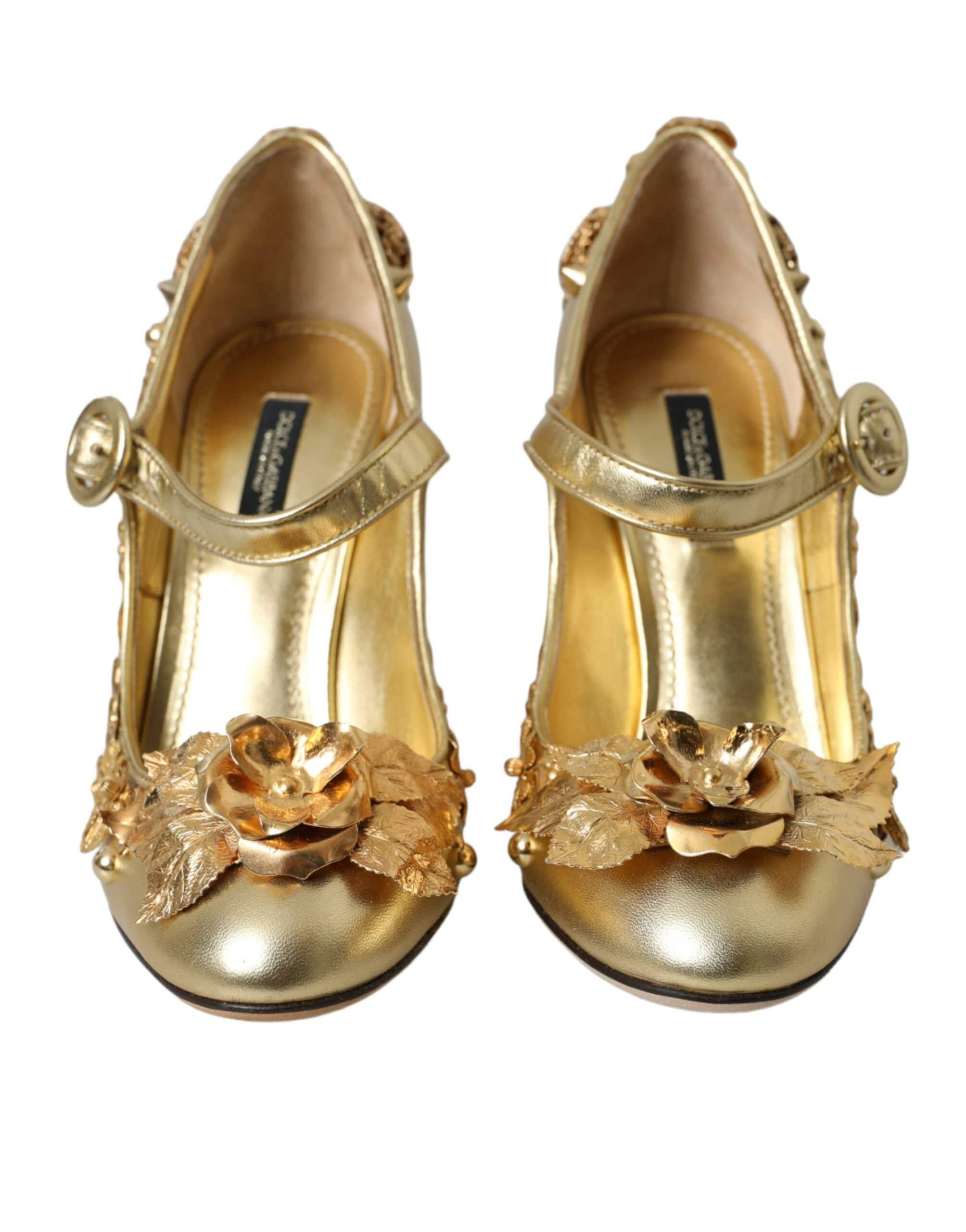 Dolce & Gabbana Gold Leather Crystal Mary Janes Pumps Shoes - ACCEXO