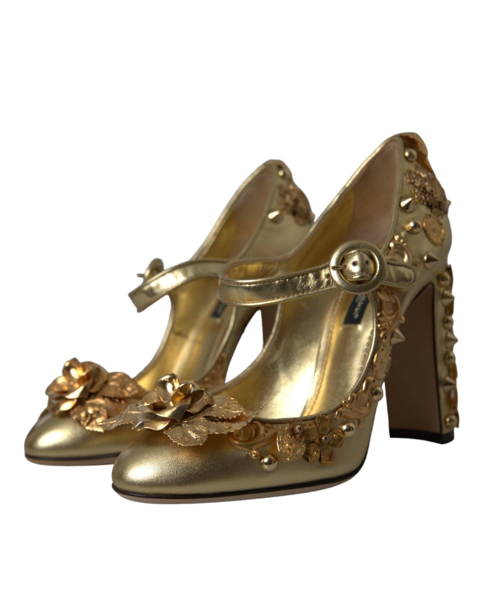 Dolce & Gabbana Gold Leather Crystal Mary Janes Pumps Shoes - ACCEXO