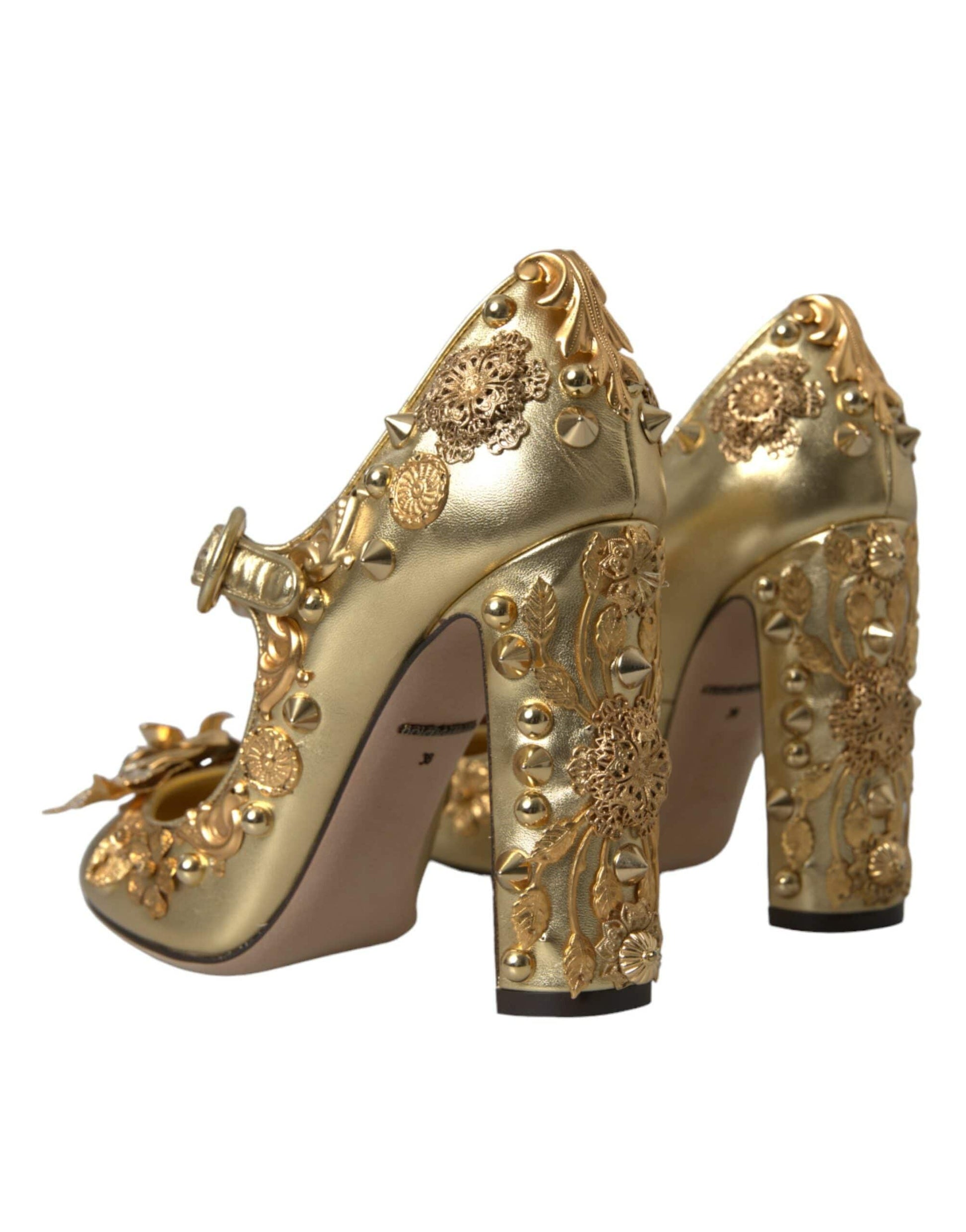 Dolce & Gabbana Gold Leather Crystal Mary Janes Pumps Shoes - ACCEXO