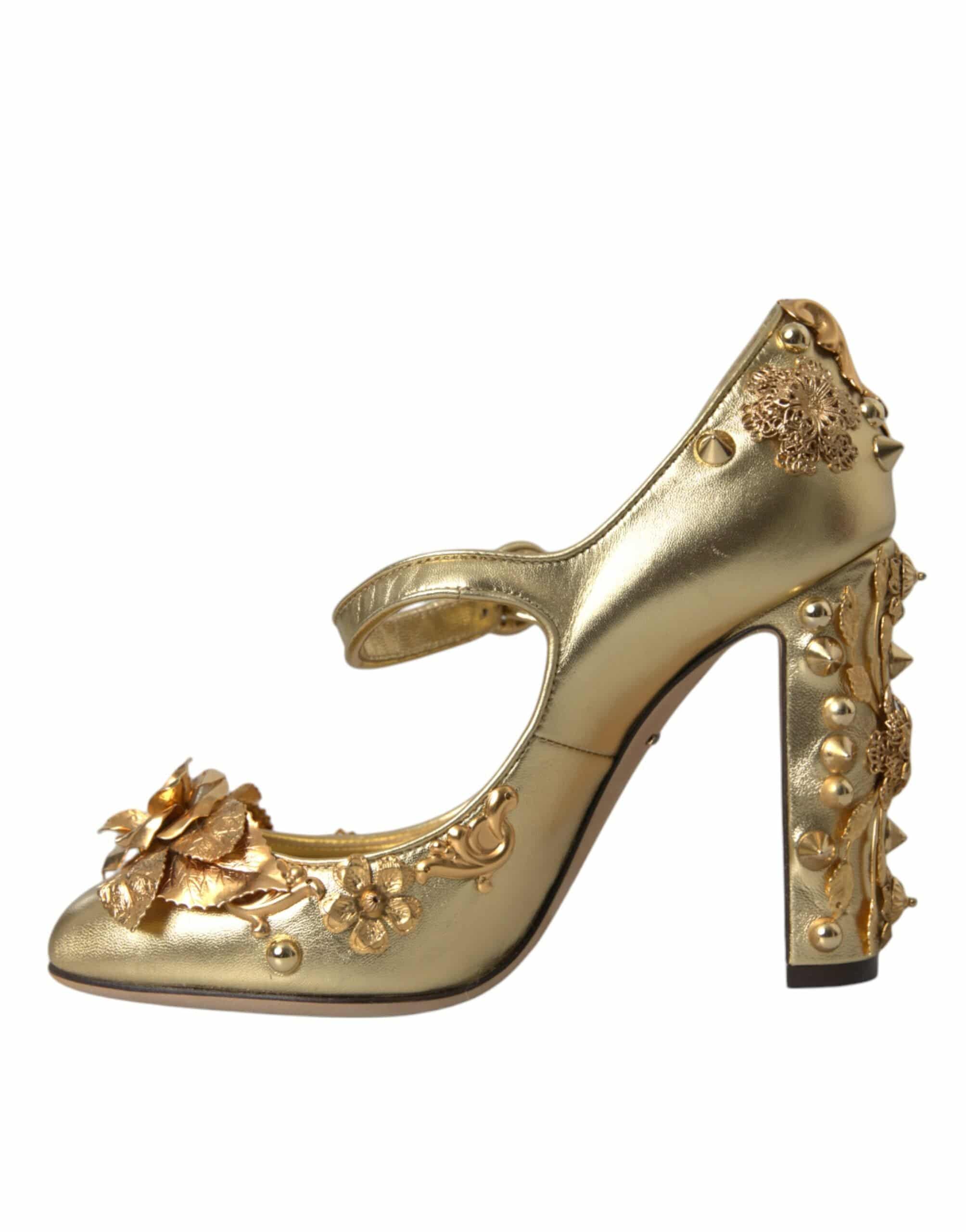 Dolce & Gabbana Gold Leather Crystal Mary Janes Pumps Shoes - ACCEXO
