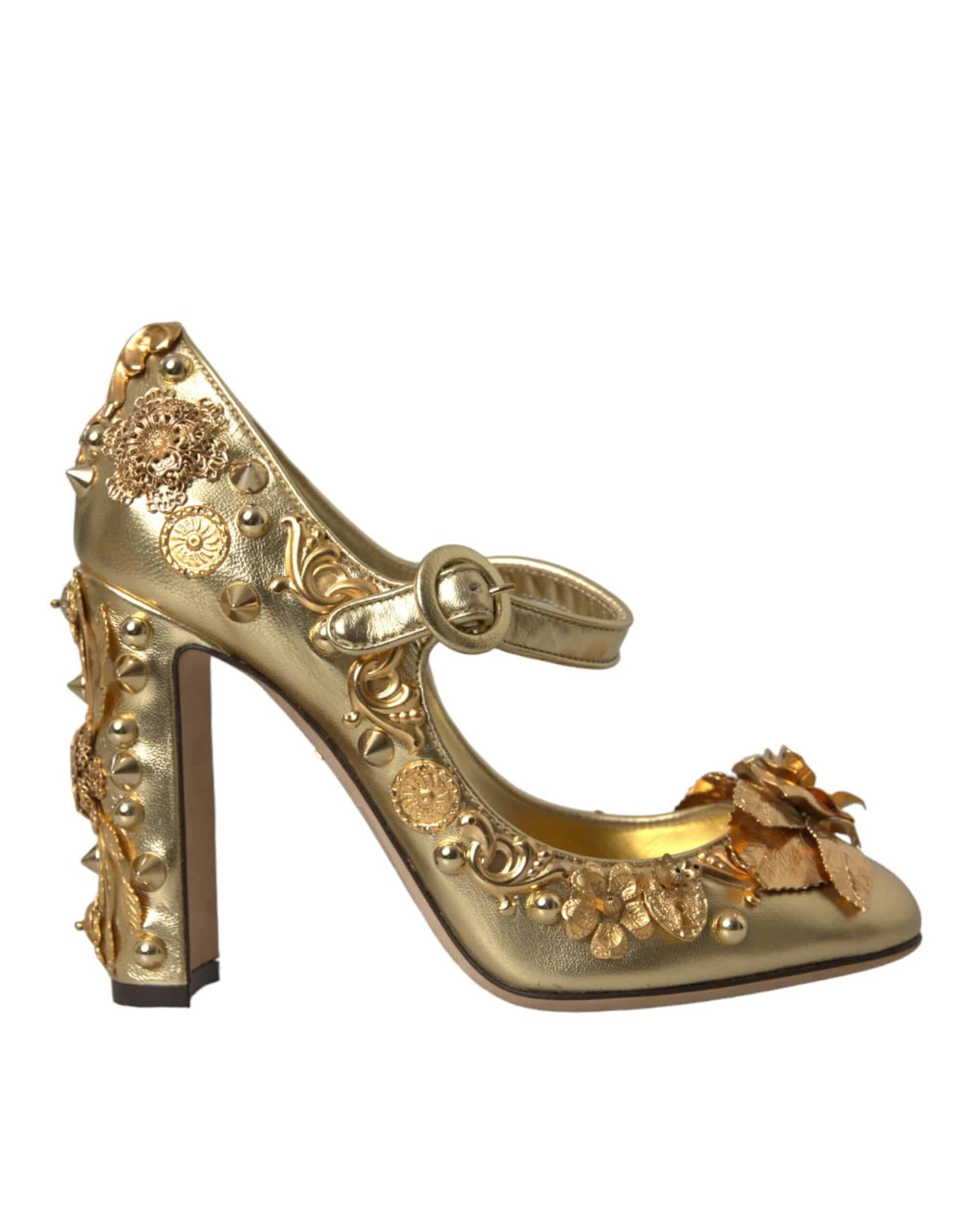 Dolce & Gabbana Gold Leather Crystal Mary Janes Pumps Shoes - ACCEXO
