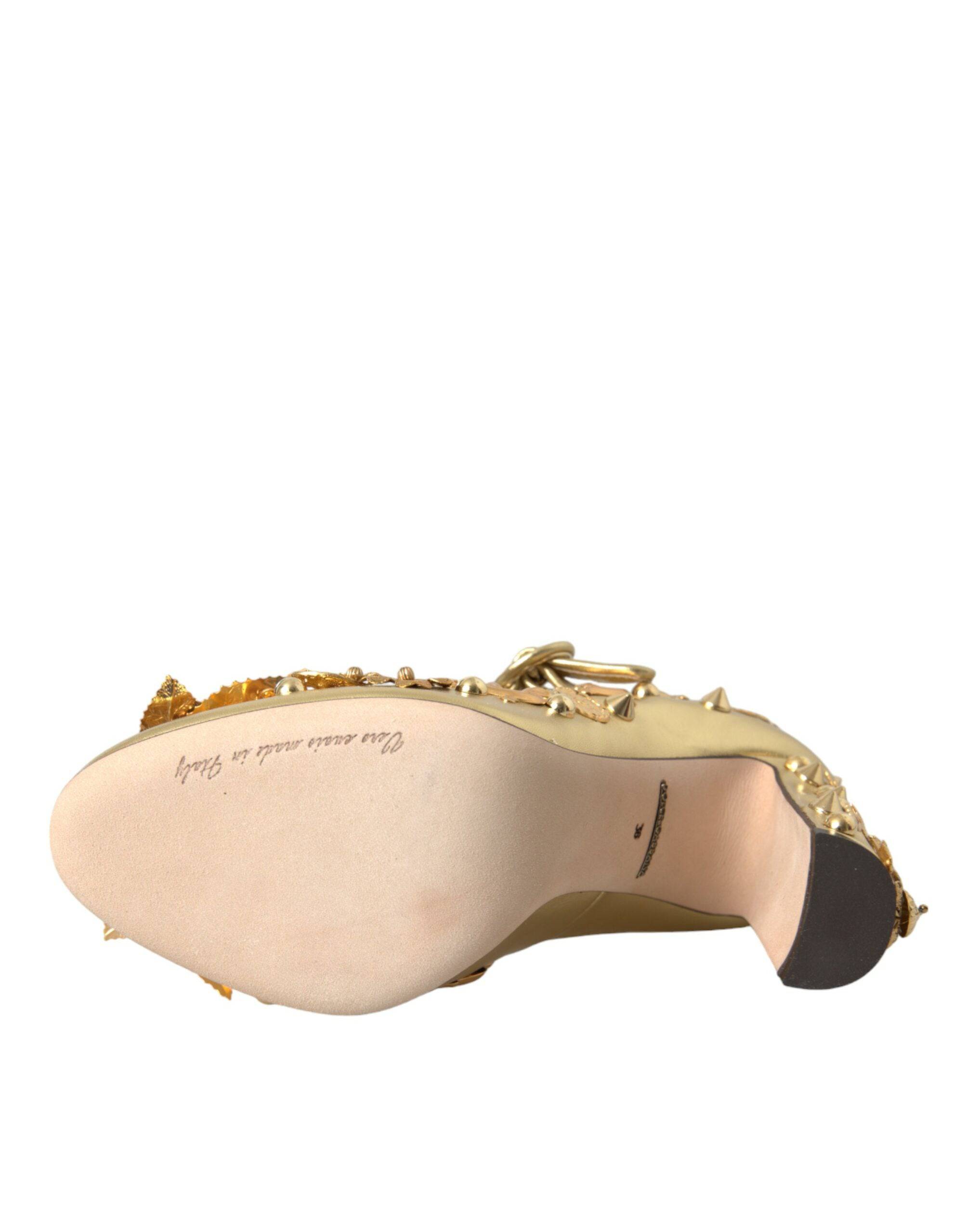 Dolce & Gabbana Gold Leather Crystal Mary Janes Pumps Shoes - ACCEXO