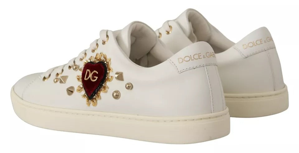Dolce & Gabbana White Leather Gold Red Heart Sneakers Shoes - ACCEXO