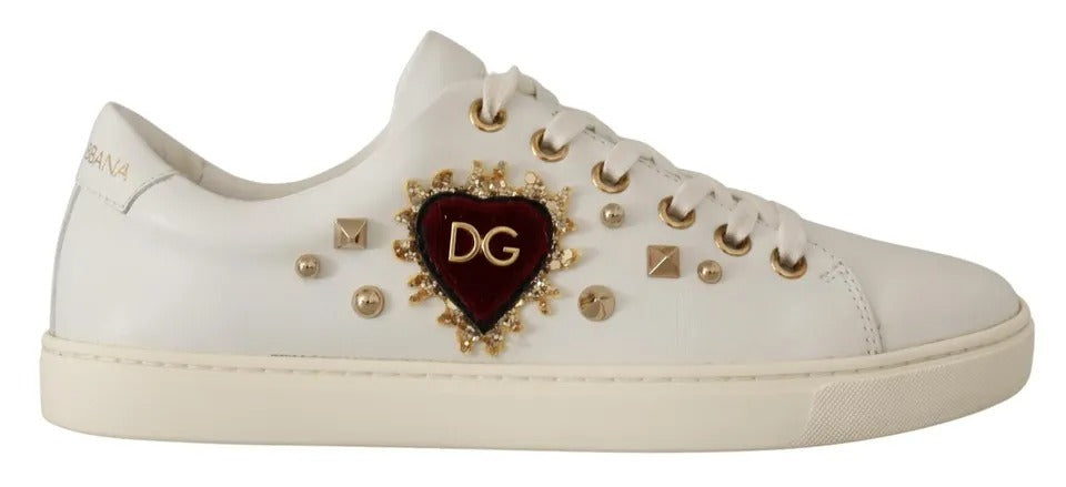 Dolce & Gabbana White Leather Gold Red Heart Sneakers Shoes - ACCEXO Main image