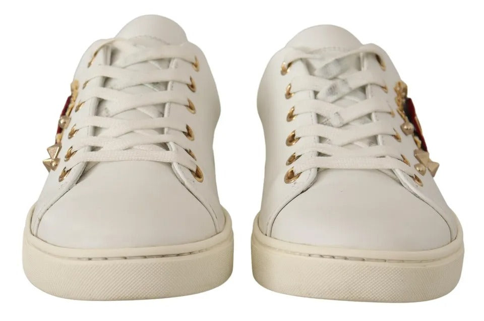 Dolce & Gabbana White Leather Gold Red Heart Sneakers Shoes - ACCEXO