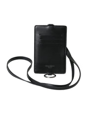 Dolce & Gabbana Black Calf Leather Lanyard Logo Card Holder Men Wallet - ACCEXO