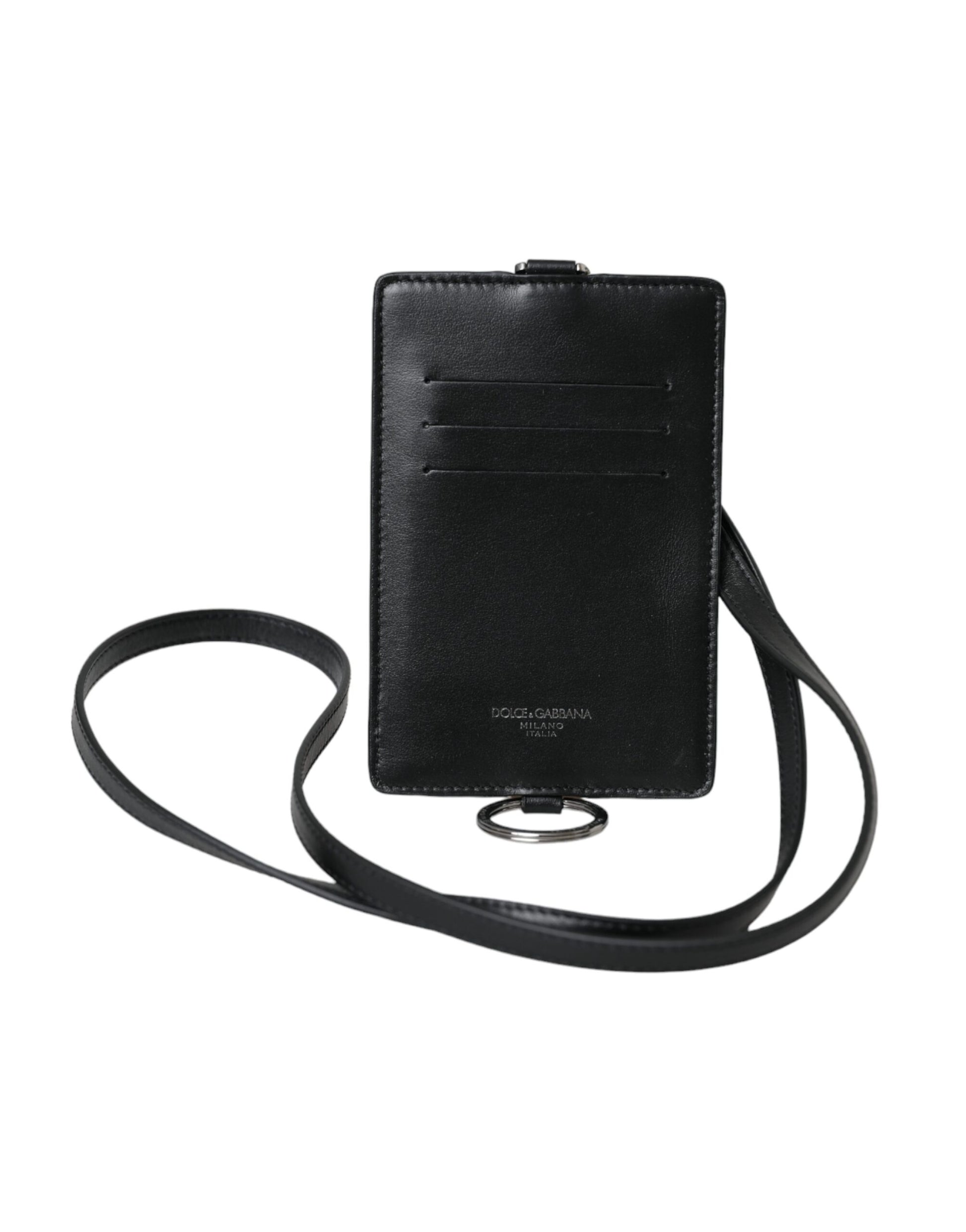 Dolce & Gabbana Black Calf Leather Lanyard Logo Card Holder Men Wallet - ACCEXO