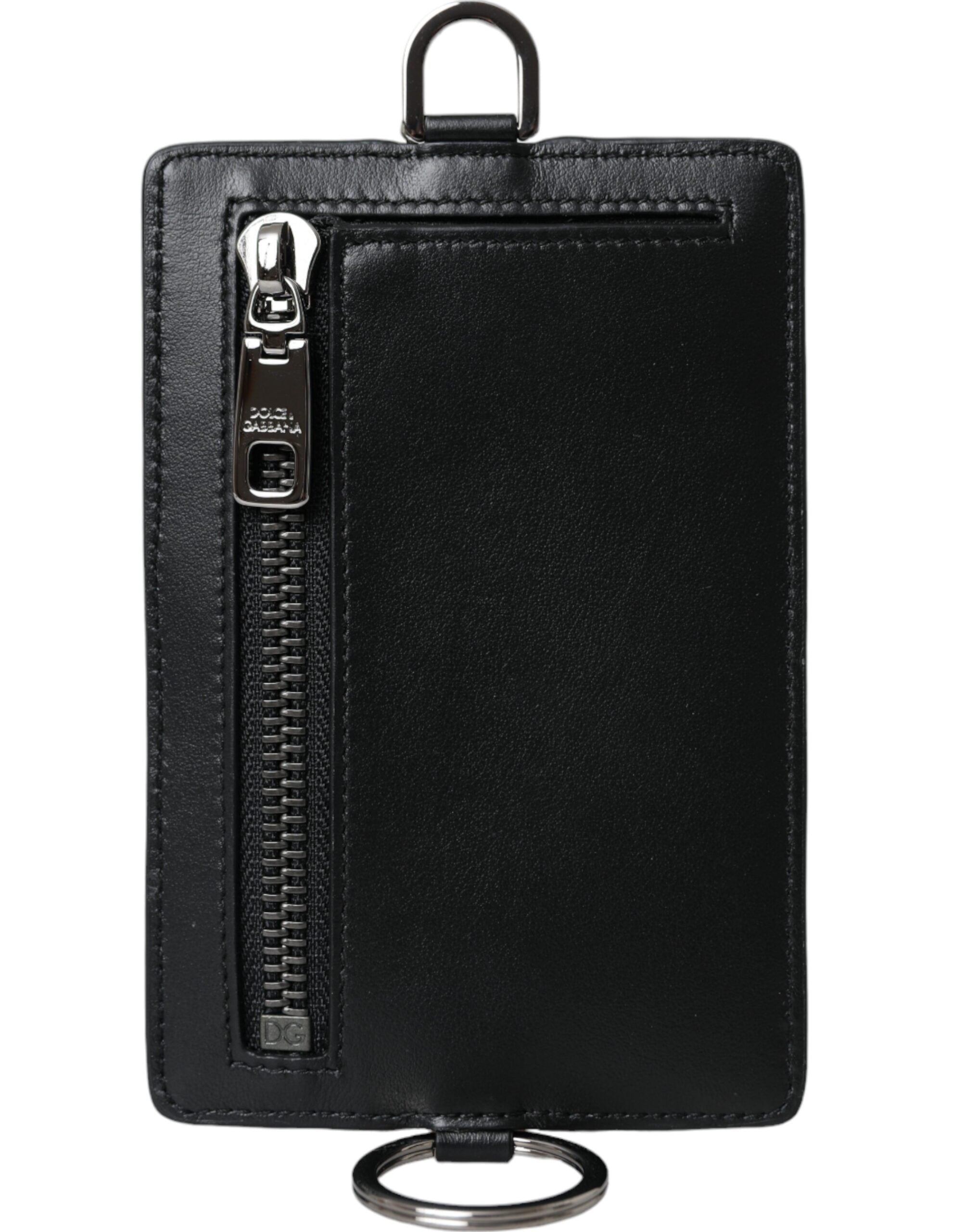 Dolce & Gabbana Black Calf Leather Lanyard Logo Card Holder Men Wallet - ACCEXO