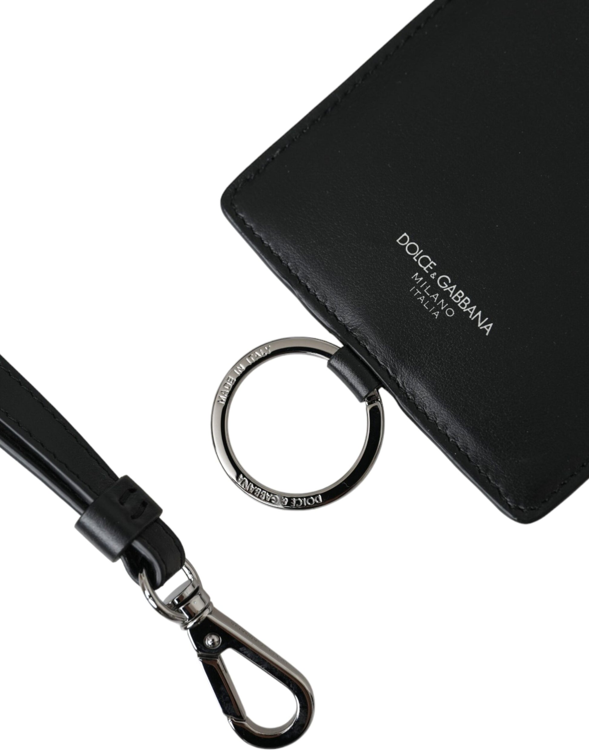 Dolce & Gabbana Black Calf Leather Lanyard Logo Card Holder Men Wallet - ACCEXO